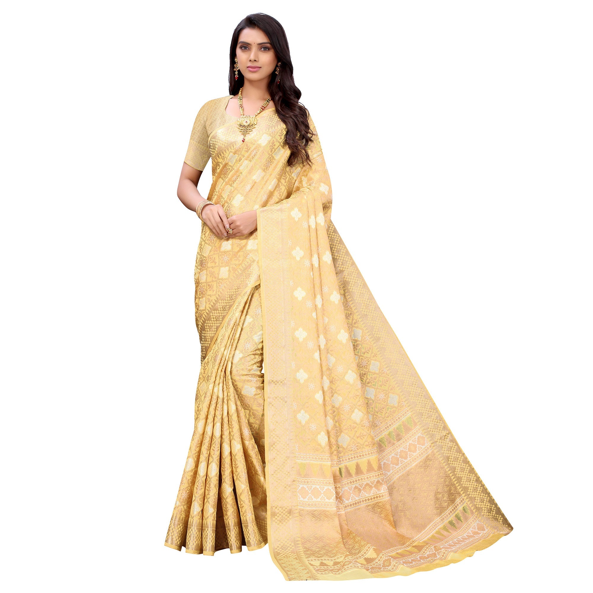 Peachmode Cream Festive Wear Woven Silk Saree