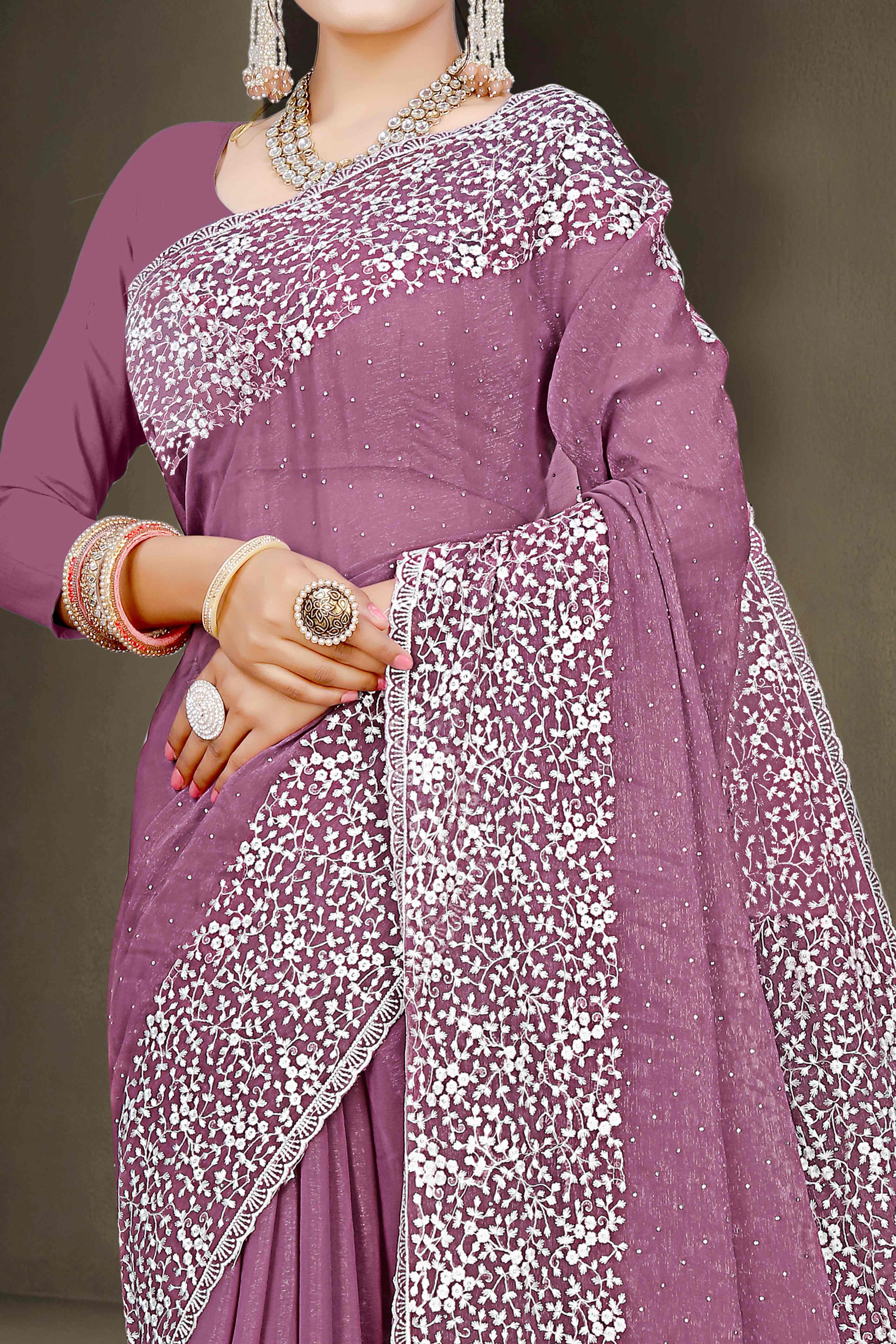 Peachmode Mauve Floral Embroidery With Stonework Chiffon Shimmer Saree - view 2