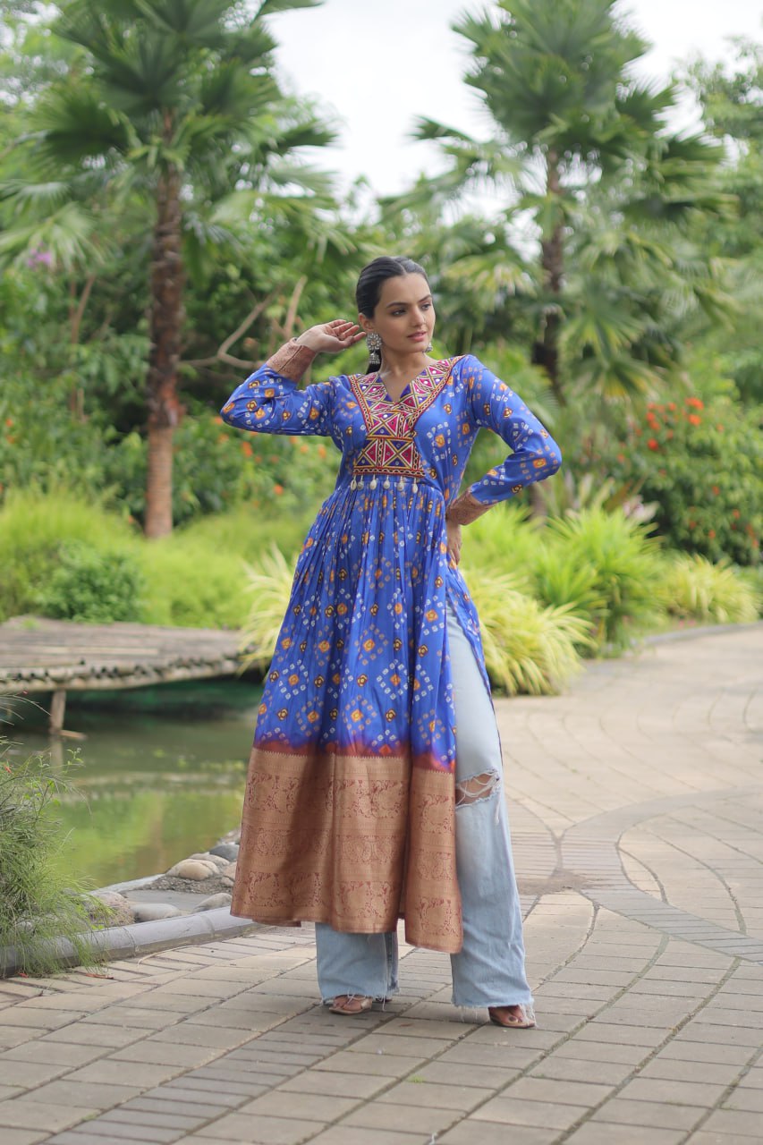 ClothsVilla.com Blue Designer Printed Kurti in Heavy Cotton with Kutchi Gamthi Lace and Kodi Work - view 3