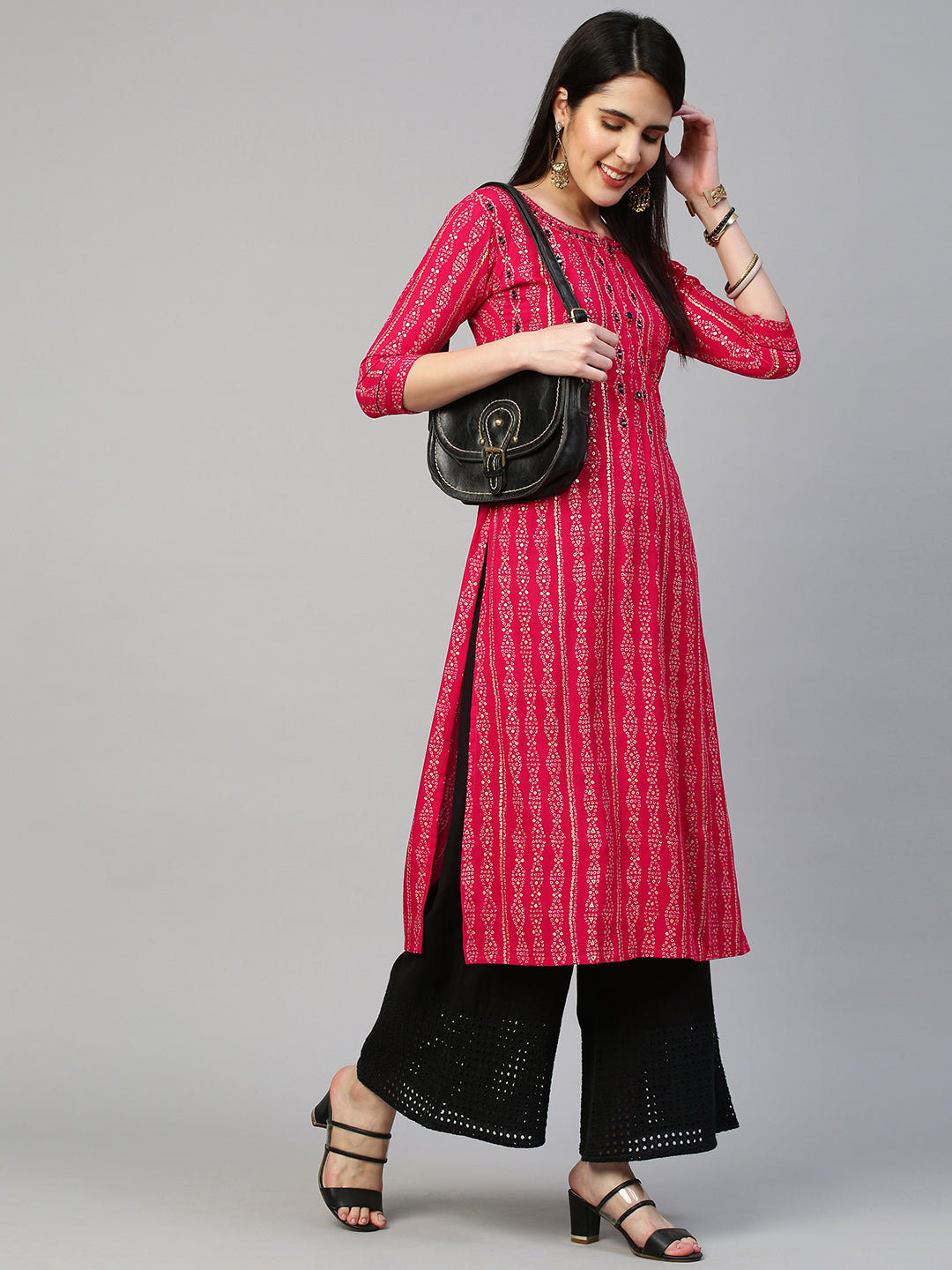 Printed embroidered kurta – Fashor Bandhej Printed & Embroidered Kurta - Hot Pink