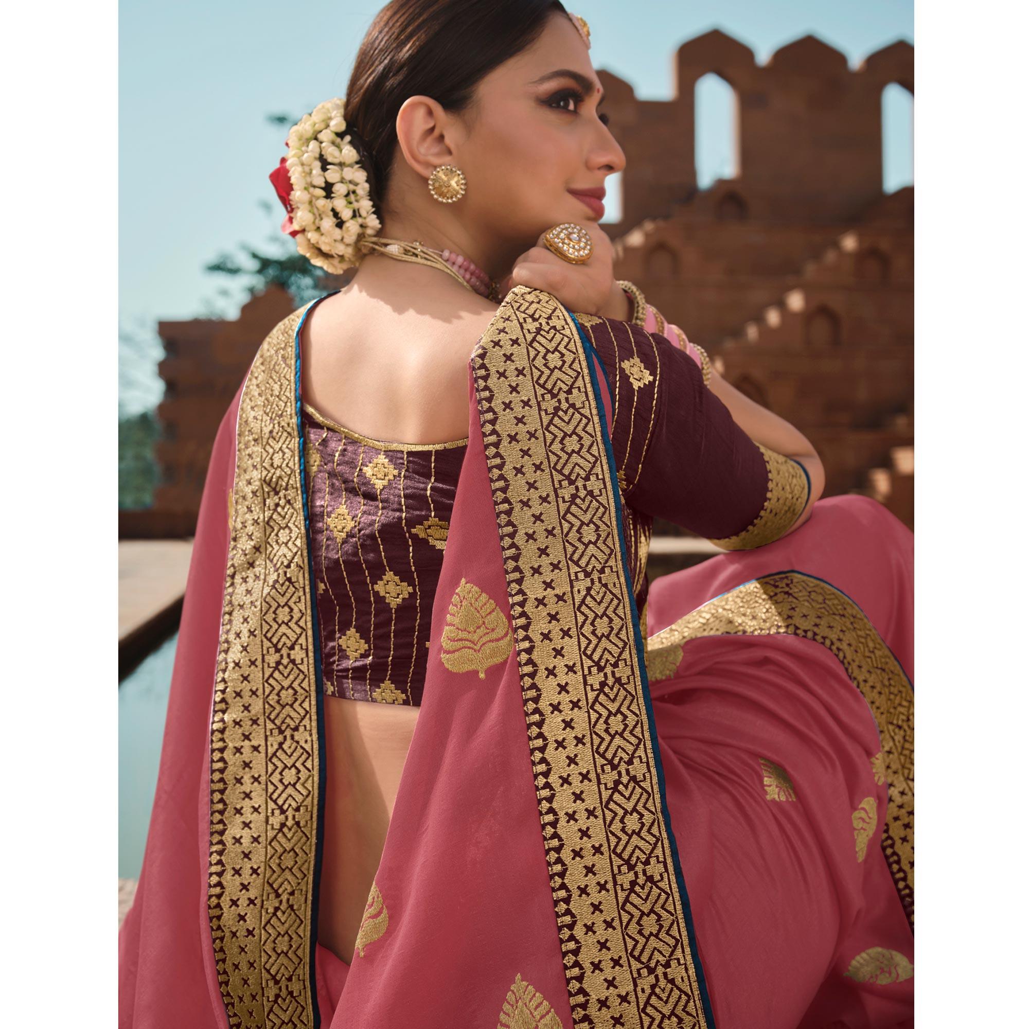 Peachmode Light pink Party Wear Embroidered Art Silk Saree - view 2