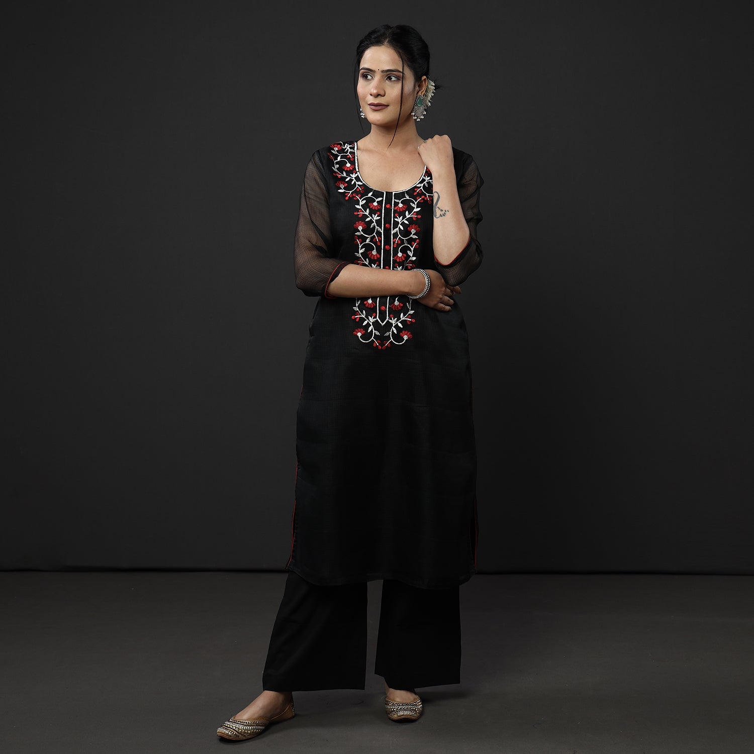 ITOKRI CASUALS Black Kota Doria Embroidery Silk Kurta with Palazzo & Dupatta Set - view 3