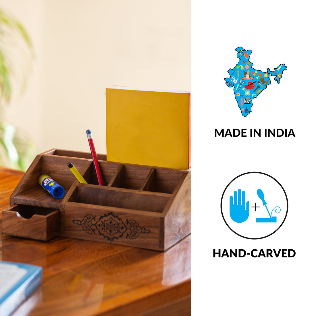 EXCLUSIVELANE 'Arabian Art' Hand-Carved Table Stationery Organiser In Sheesham Wood - view 6