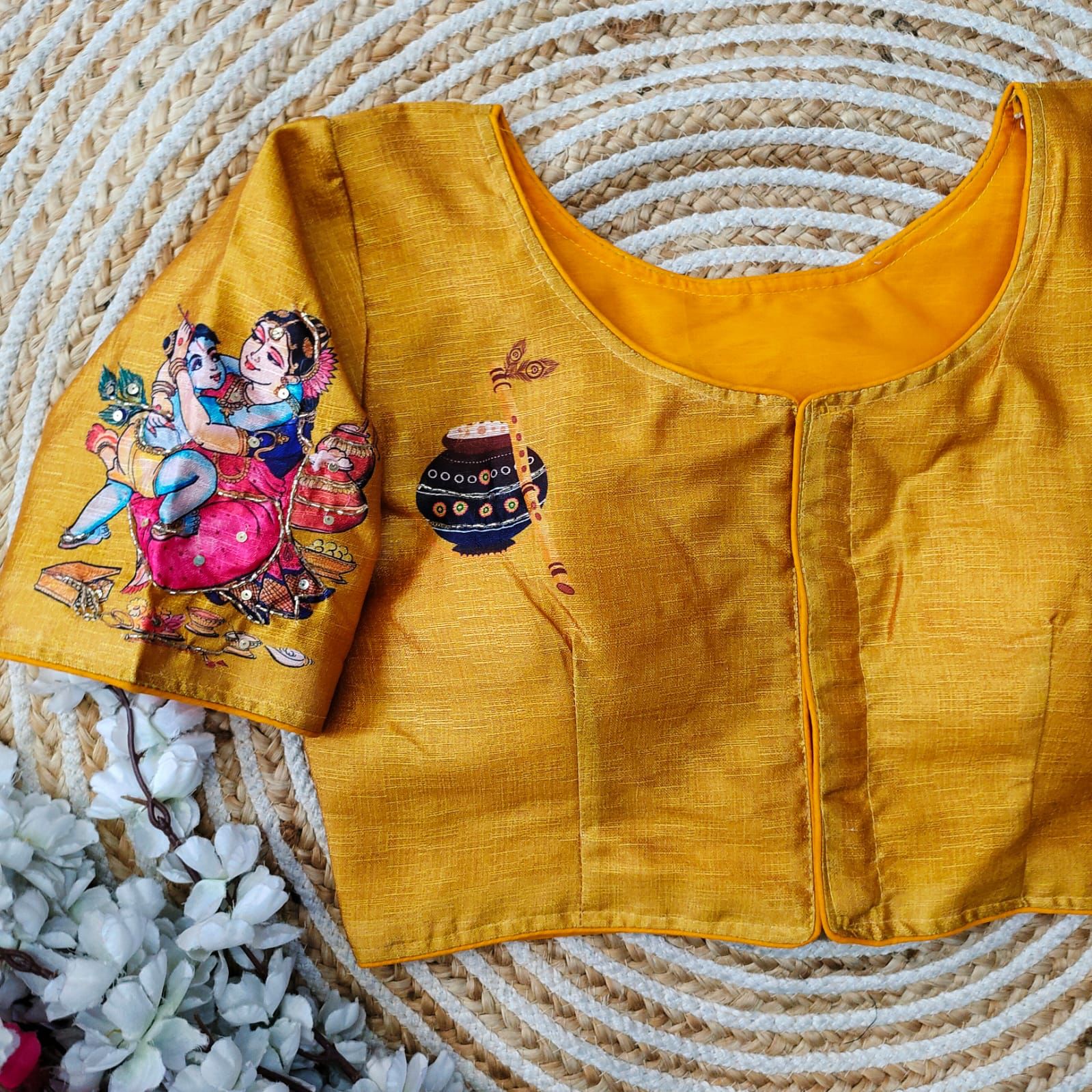 ClothsVilla Yellow Pure Silk Blouse with Antique Handcrafted Work