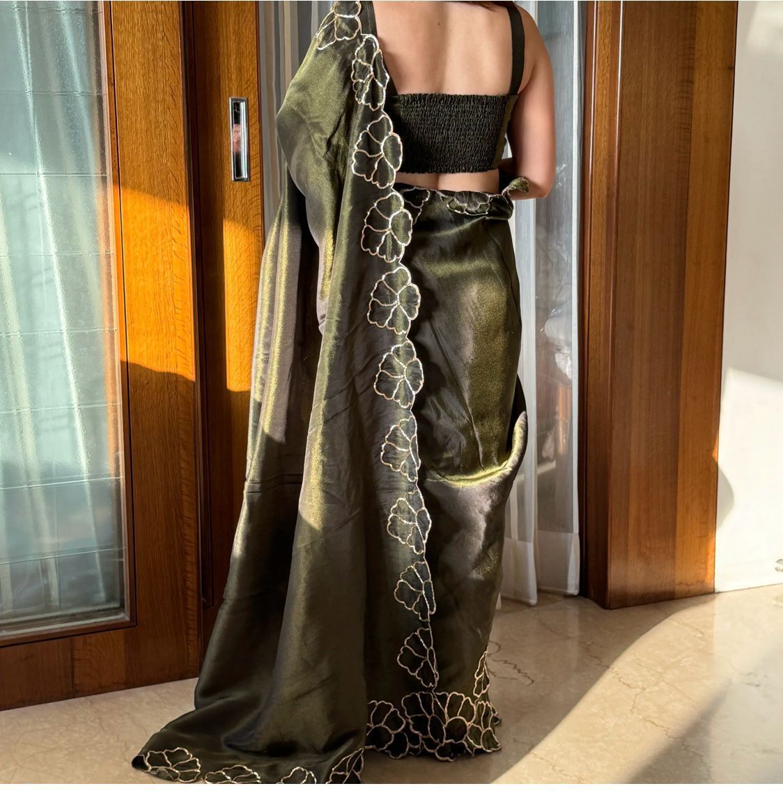 ClothsVilla Mehndi Green Lotus Jari Silk Saree with Exquisite Golden Handwork & Running Blouse - view 3