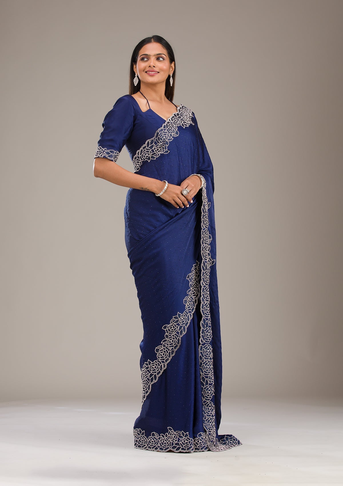 Koskii Navy Blue Swarovski Satin Saree – Women's - view 4