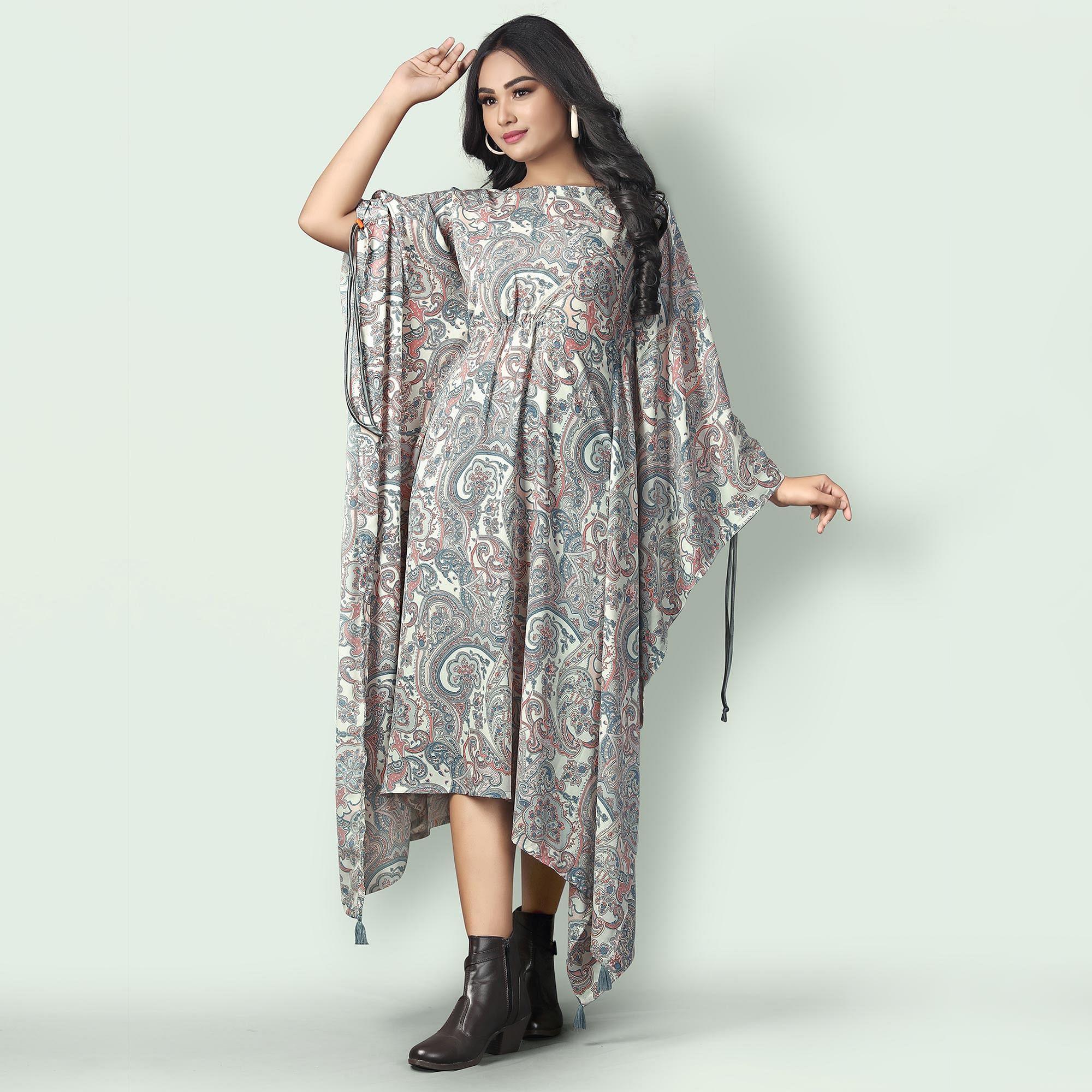 Peachmode Cream Casual Wear Printed Georgette Kaftan Kurti