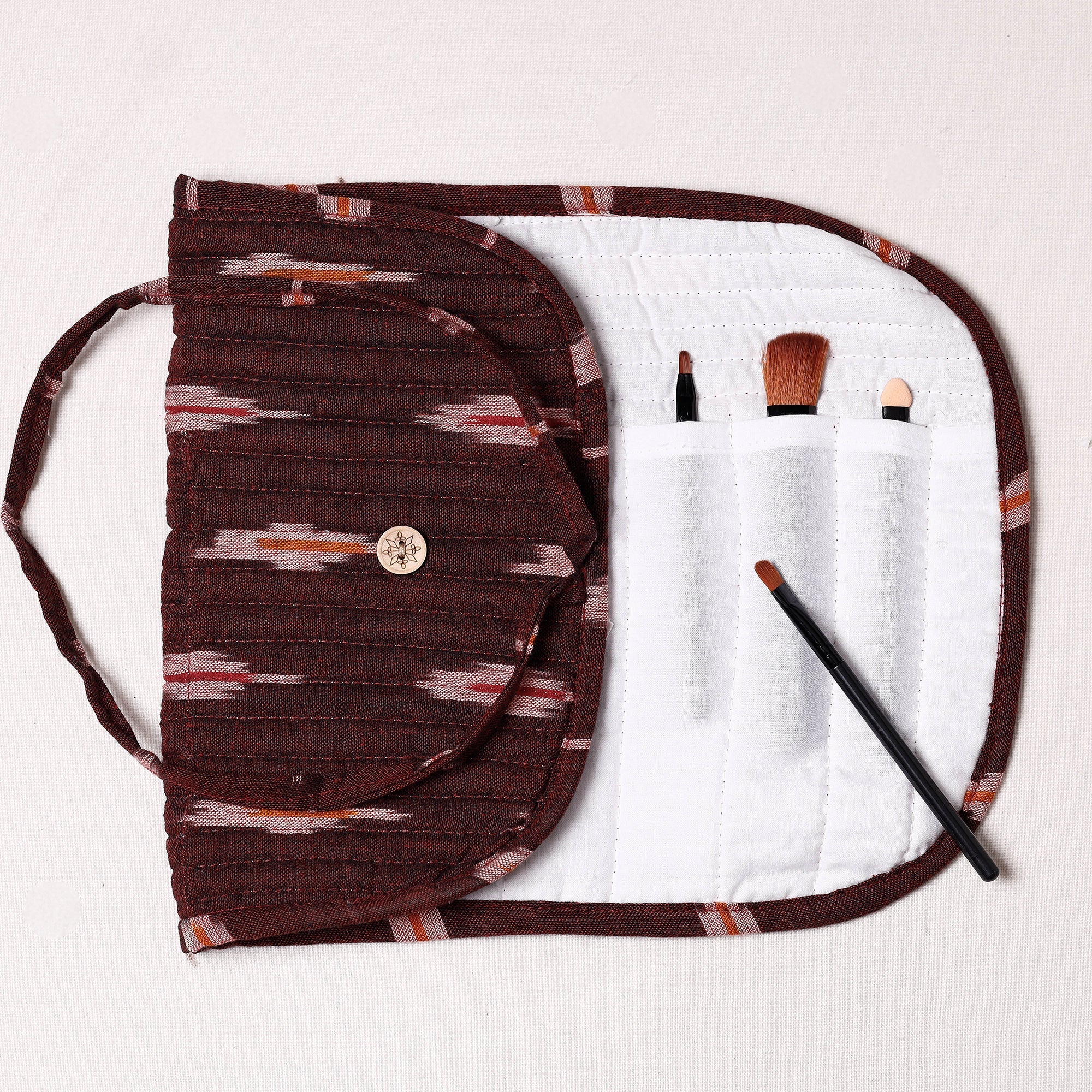 NOORI BAZAR Brown - Ikat Fabric Multipurpose Segmented Make-up Brush Wrap Pouch/Case