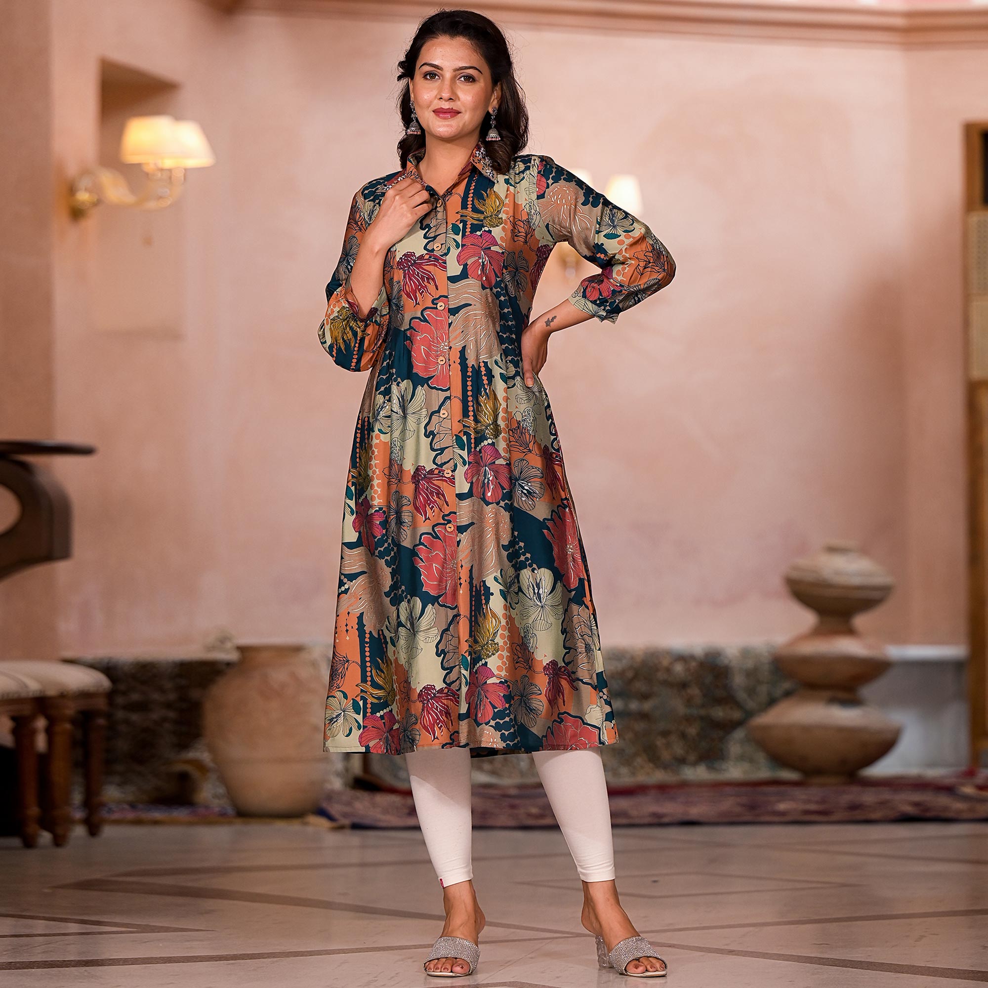 BlackTree green-floral-printed-chanderi-silk-a-line-dress - view 2