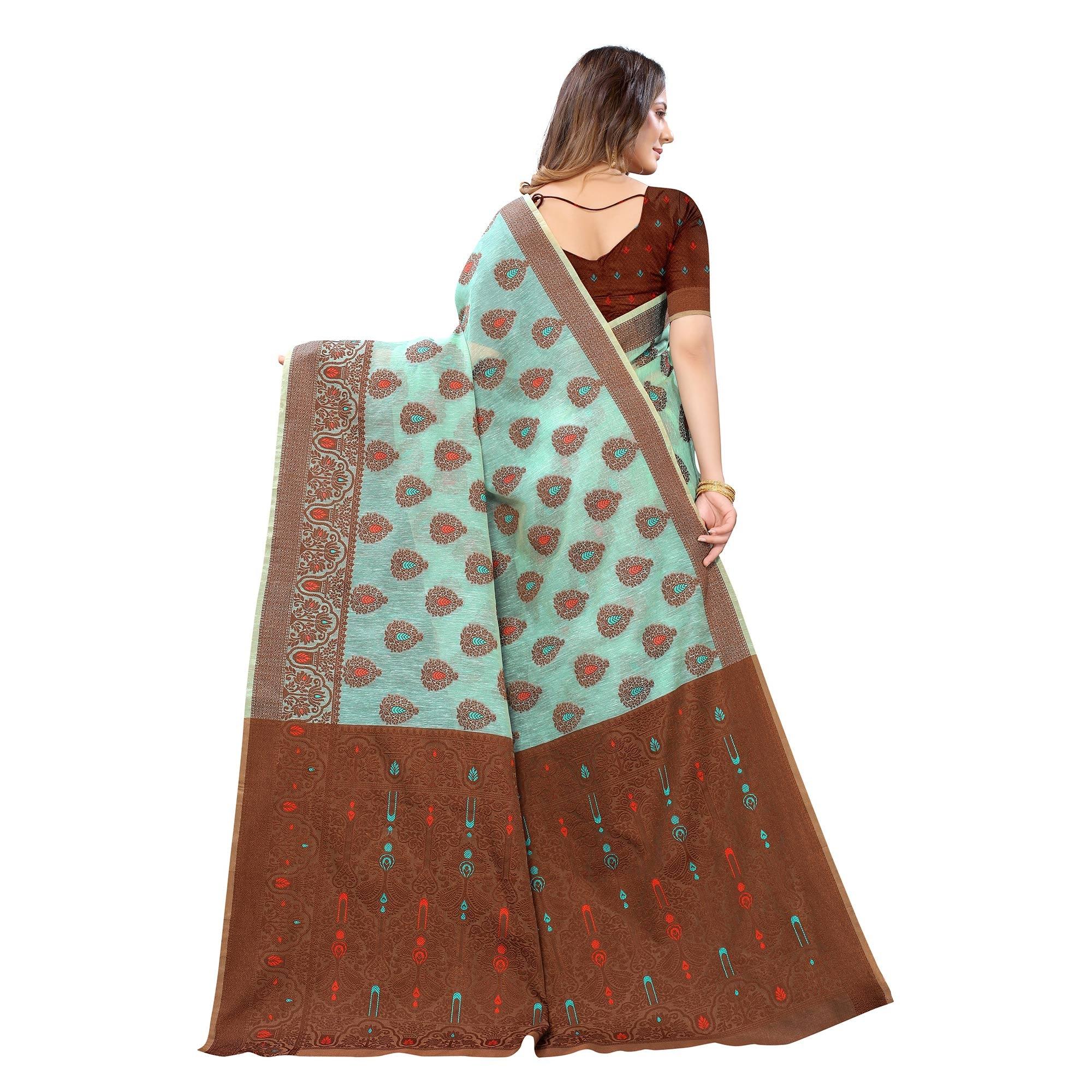 Peachmode Ferozi Festive Wear Woven With Meena Butta Rich Pallu Cotton Saree - view 2