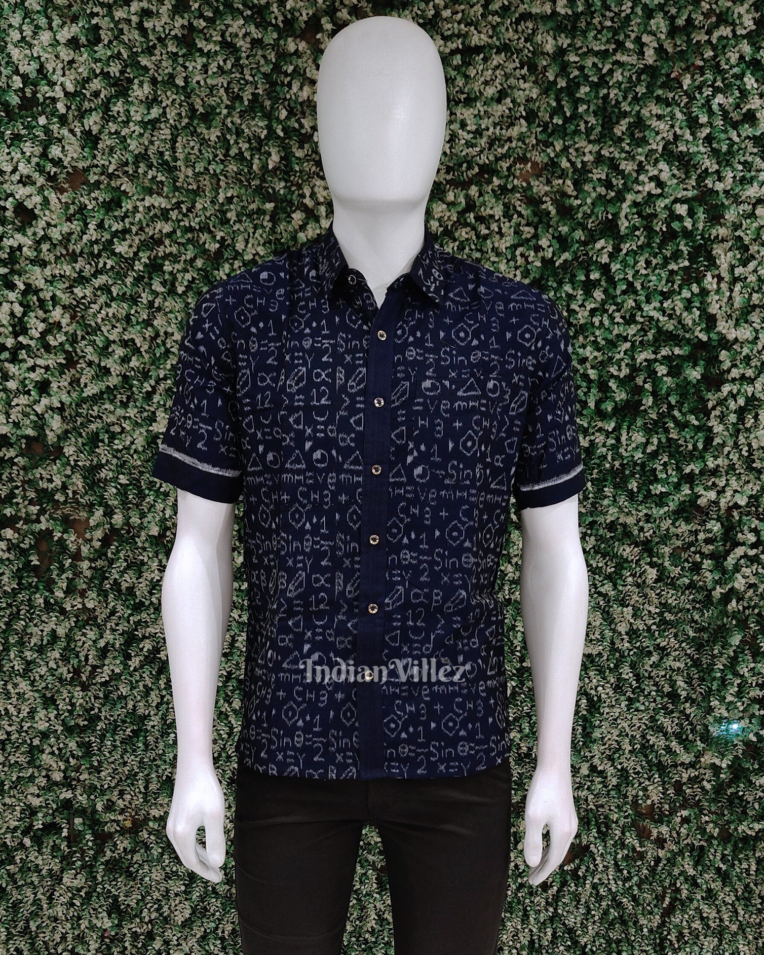 IndianVillèz Blue Chemical Formula Odisha Ikat Cotton Half Sleeve Shirt for Men