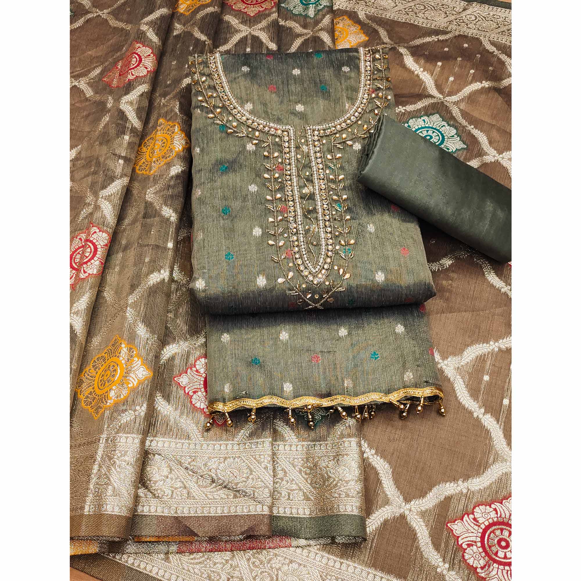 Peachmode Grey Woven With Handwork Simmer Jacquard Dress Material - view 3