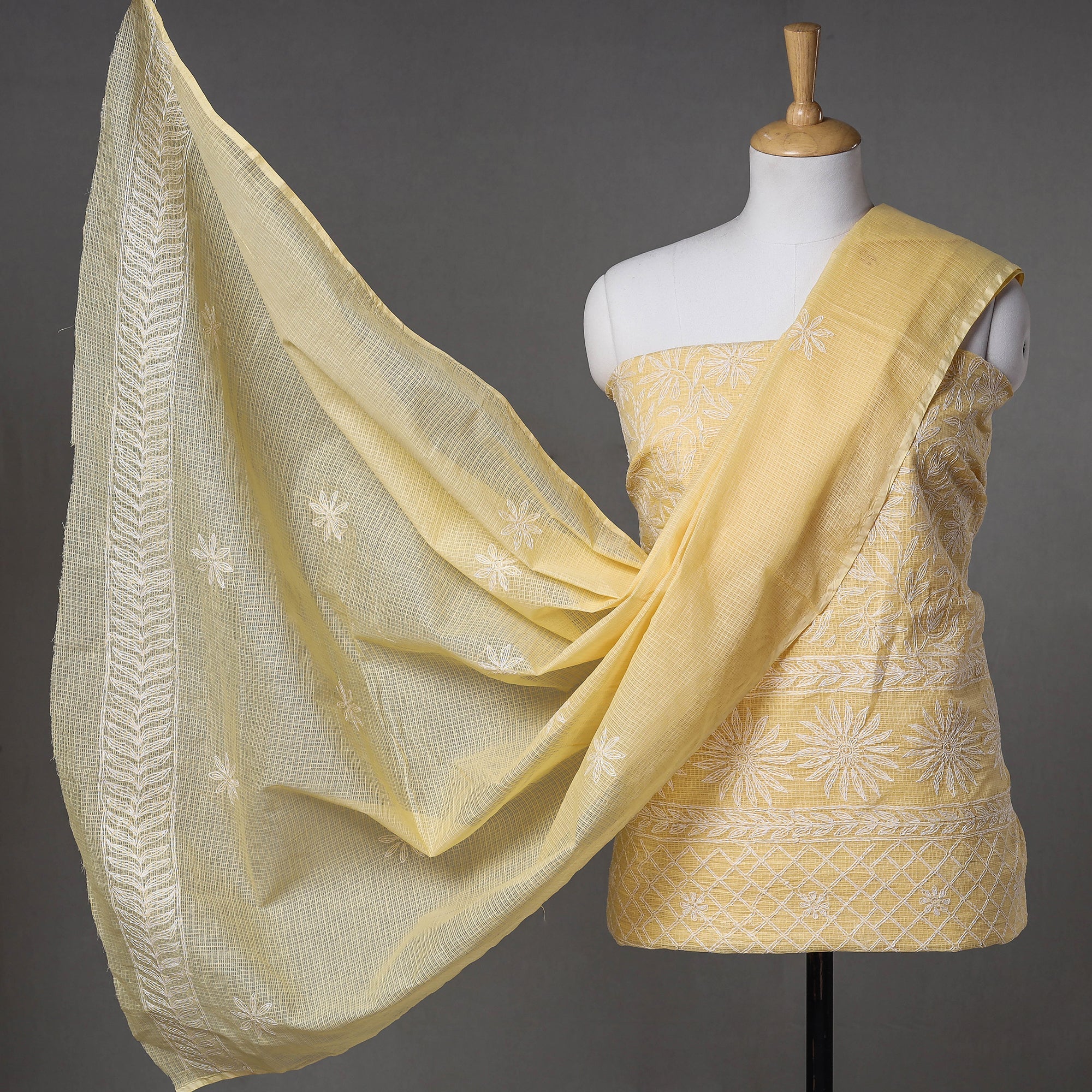 ITOKRI CRAFTS INITIATIVE Beige - 2pc Hand Embroidery Kota Doria Chikankari Dress Material