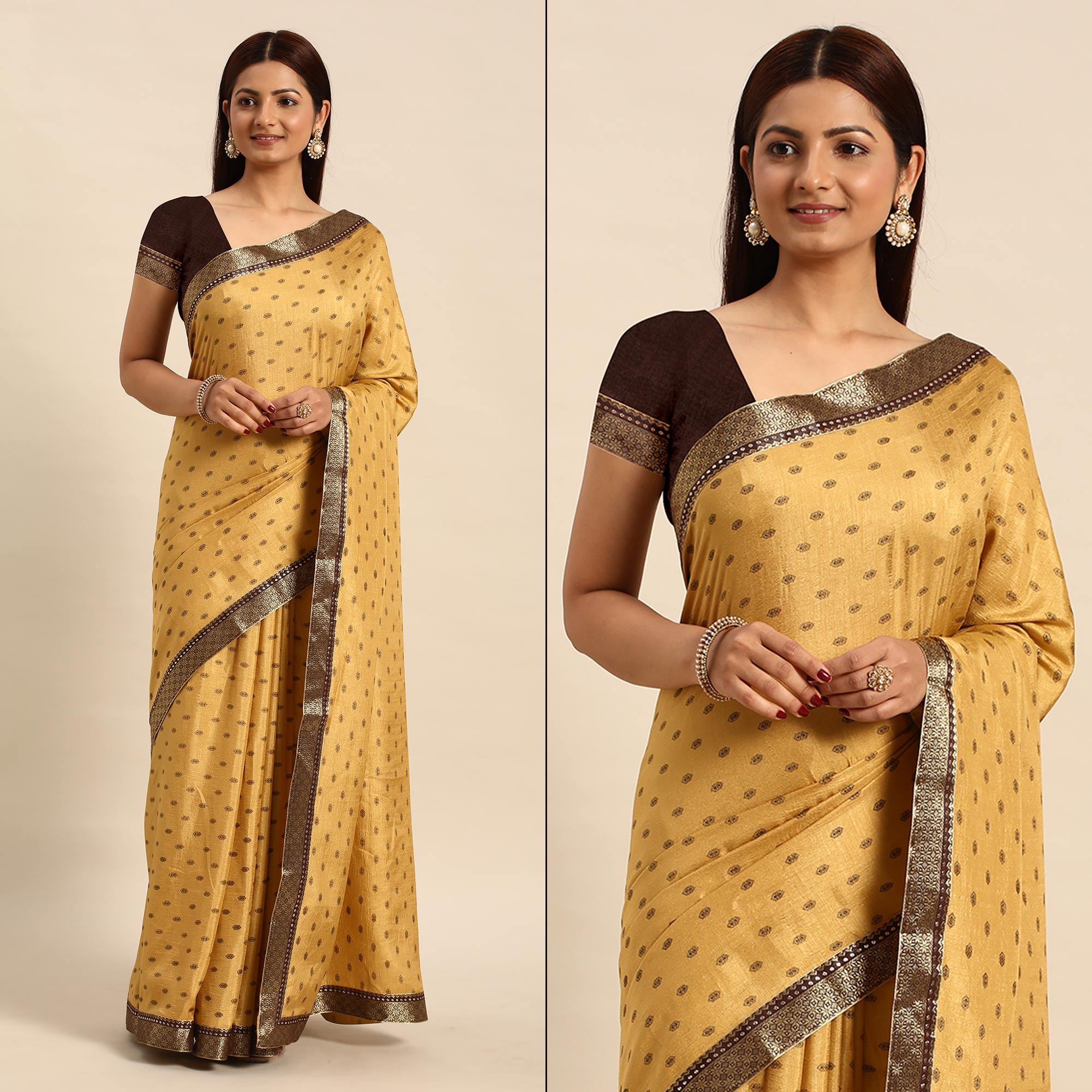 Peachmode Chikoo Printed Vichitra Silk Saree – Women's