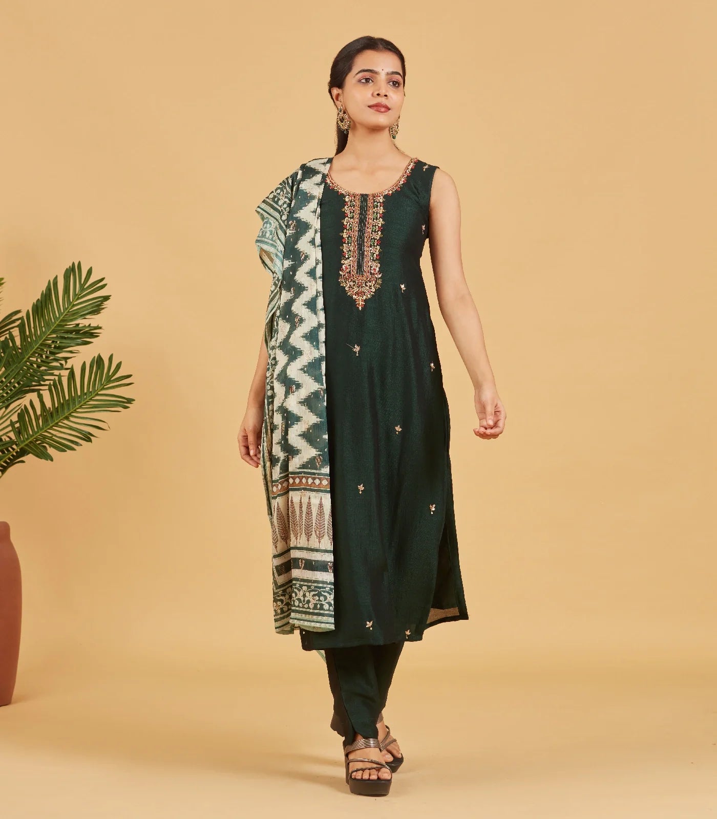 RmKV Bottle Green Embroidered Festive Kurta Set
