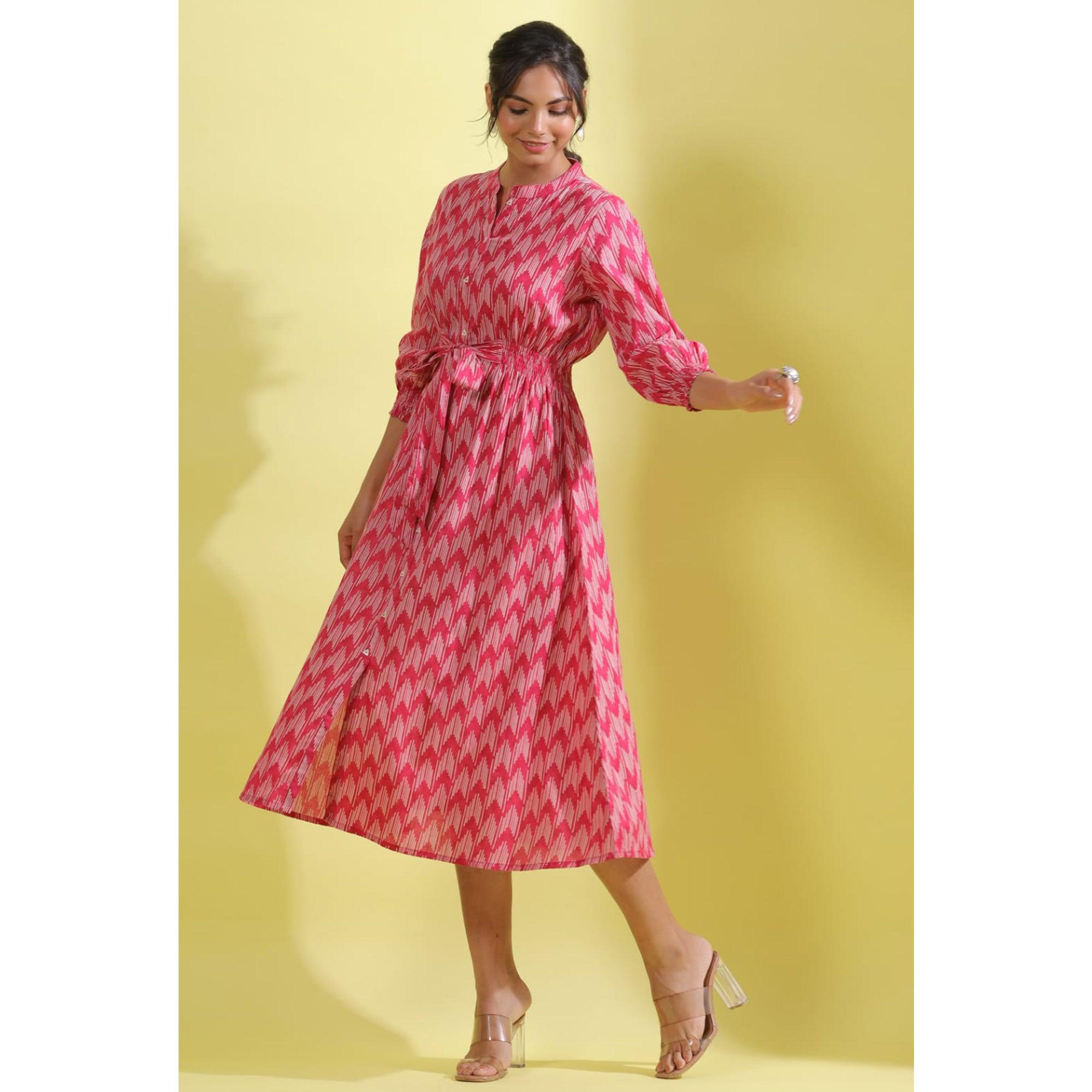 Peachmode Light Pink Printed Pure Cotton Dress - view 7