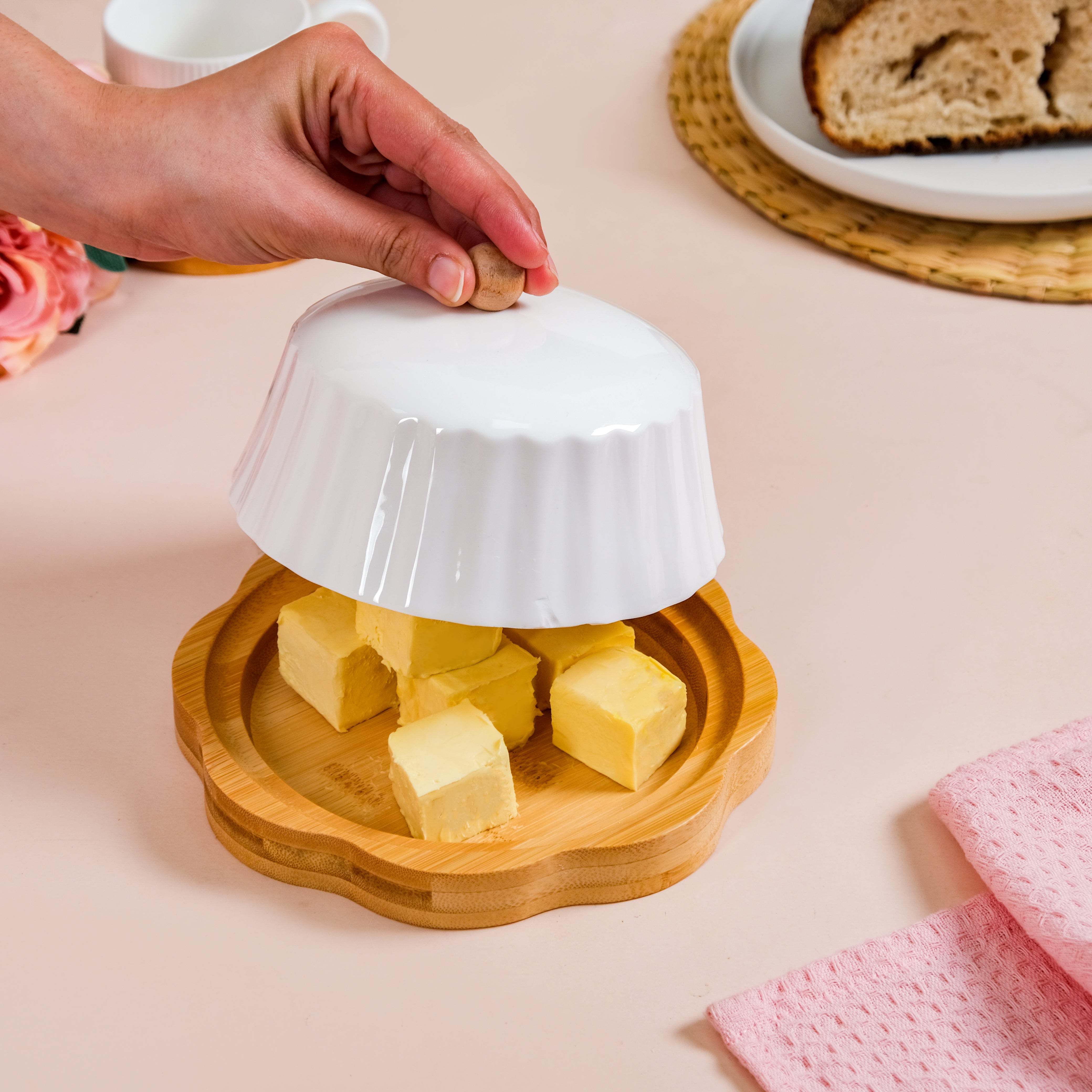 Nestasia Round Wooden Dish With Fluted Texture Ceramic Lid - view 2