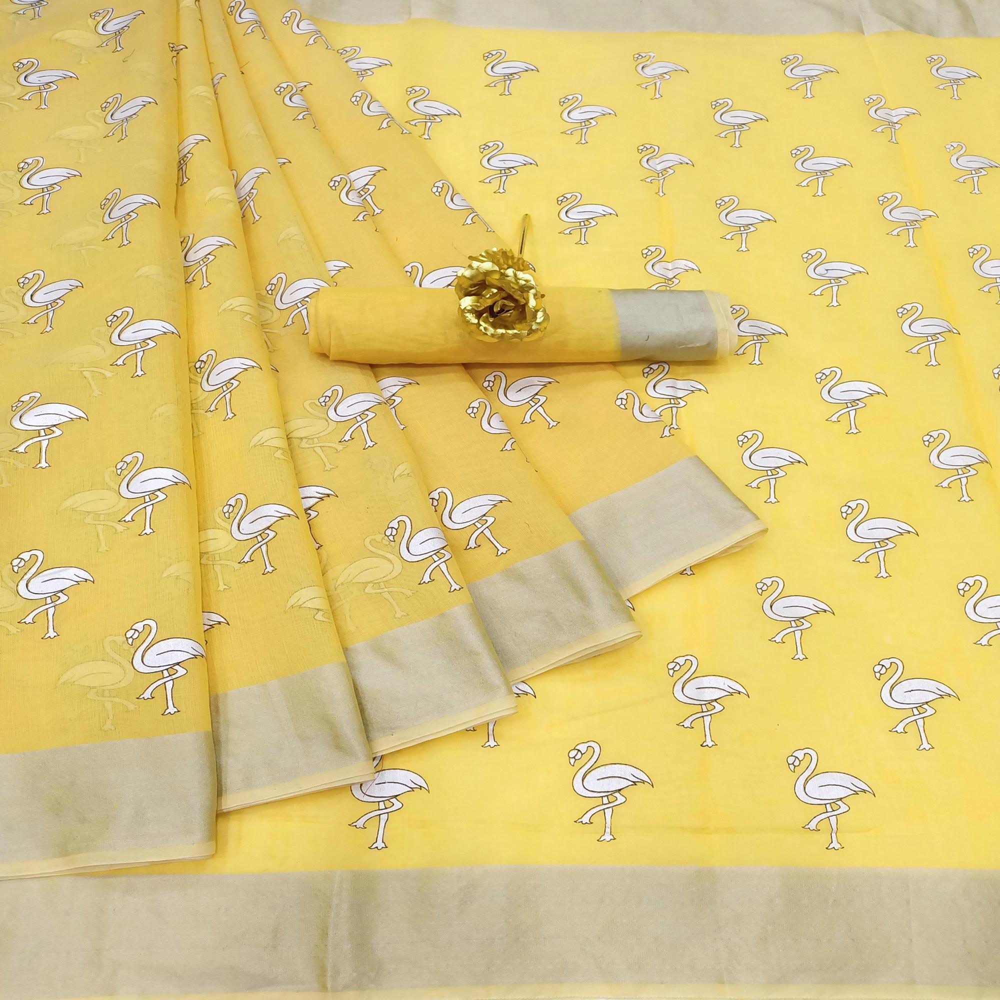 Peachmode Mesmeric Yellow Colored Casual Wear Printed Cotton Linen Saree