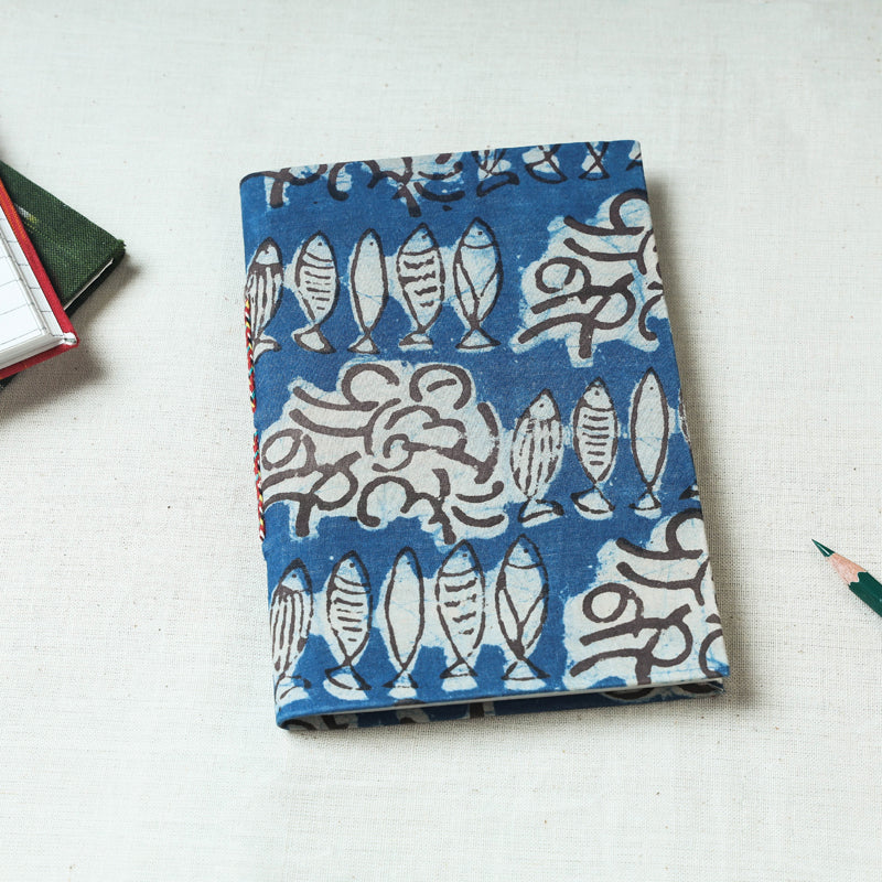 CHUTNEY CRAFT STUDIO Blue - Art Block Print Fabric Cover Handmade Paper Notebook (7 x 5 in)