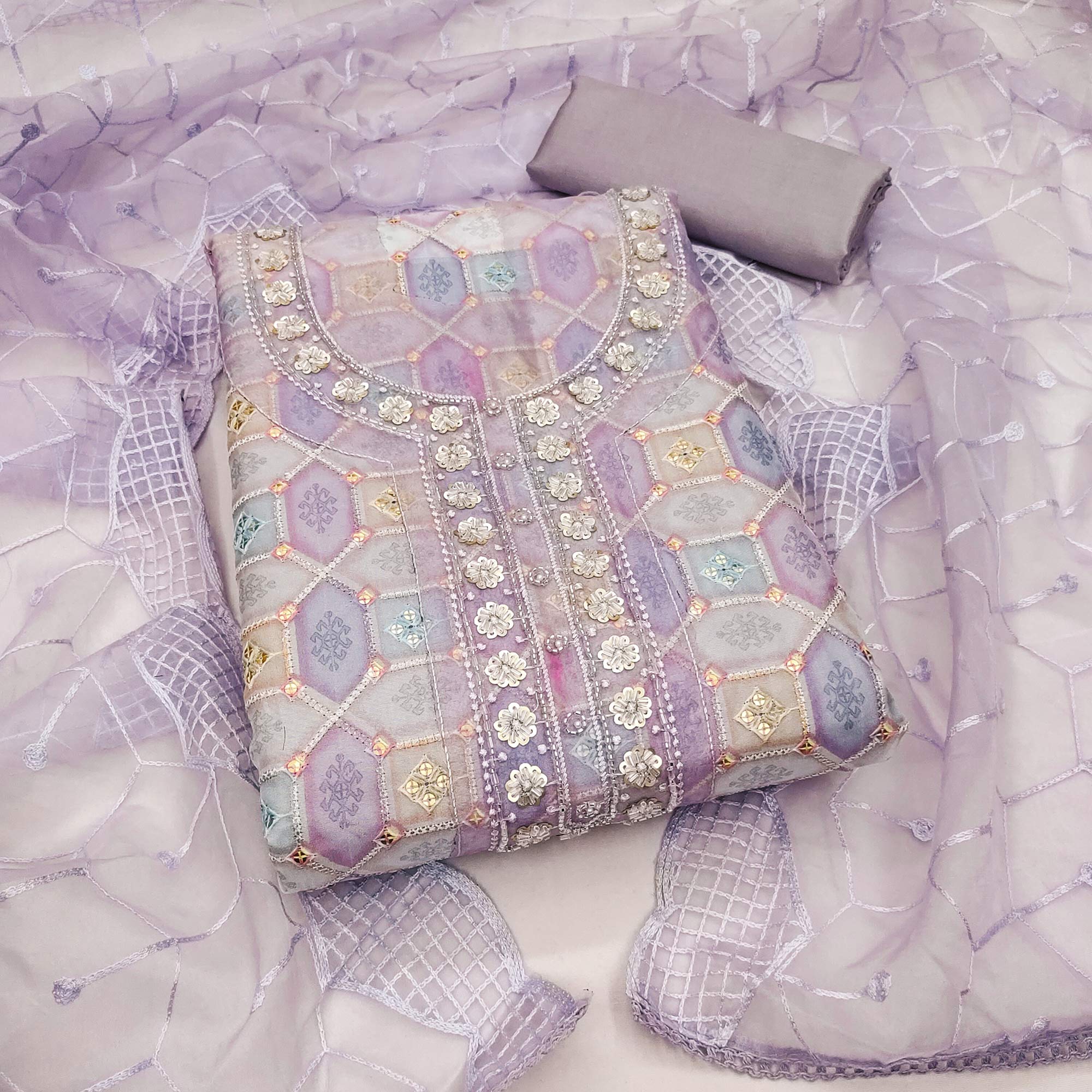 Peachmode Light Lavender Sequins Embroidered Organza Dress Material