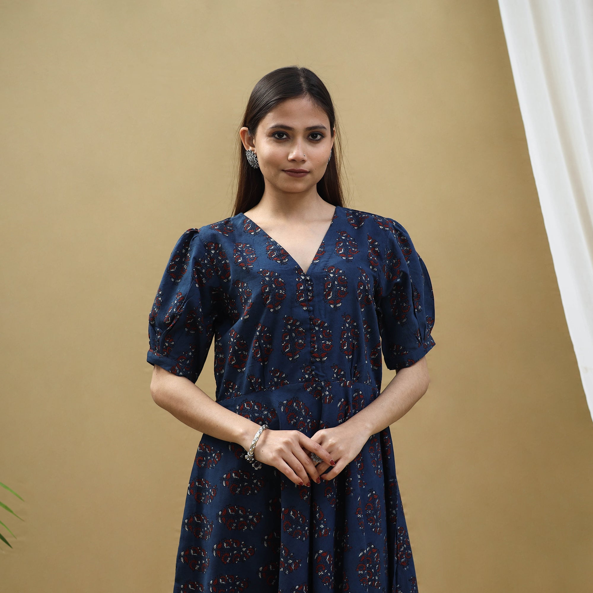 ITOKRI CASUALS Blue - Block Print Cotton Flared Ajrakh Dress 03 - view 2