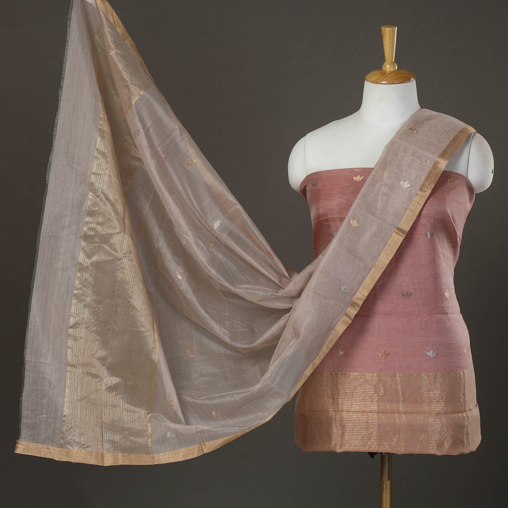 CHANDERI BY RAUPH KHAN Peach - 2pc Zari Buti Handloom Chanderi Silk Dress Material 22