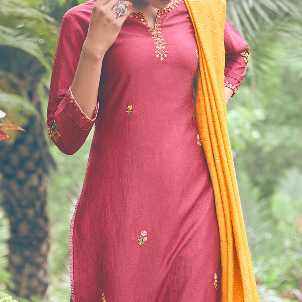 Peachmode Maroon Embroidered Chiffon Kurti Pant Set with Dupatta - view 2