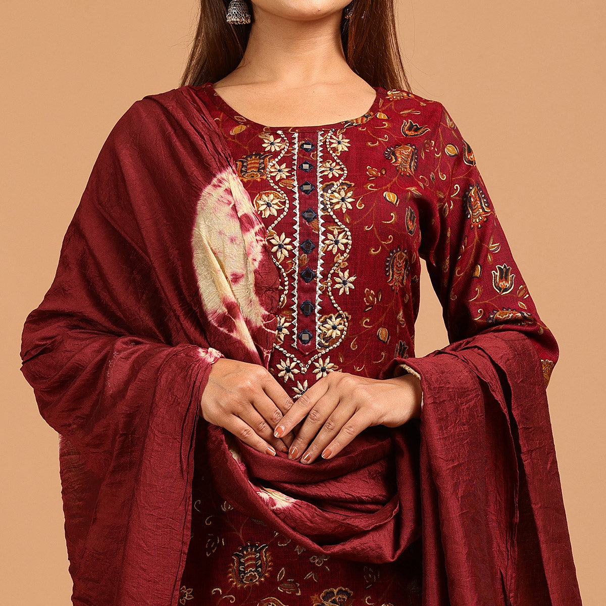 Peachmode Seller Maroon Printed With Embroidered Rayon Salwar Suit - view 3