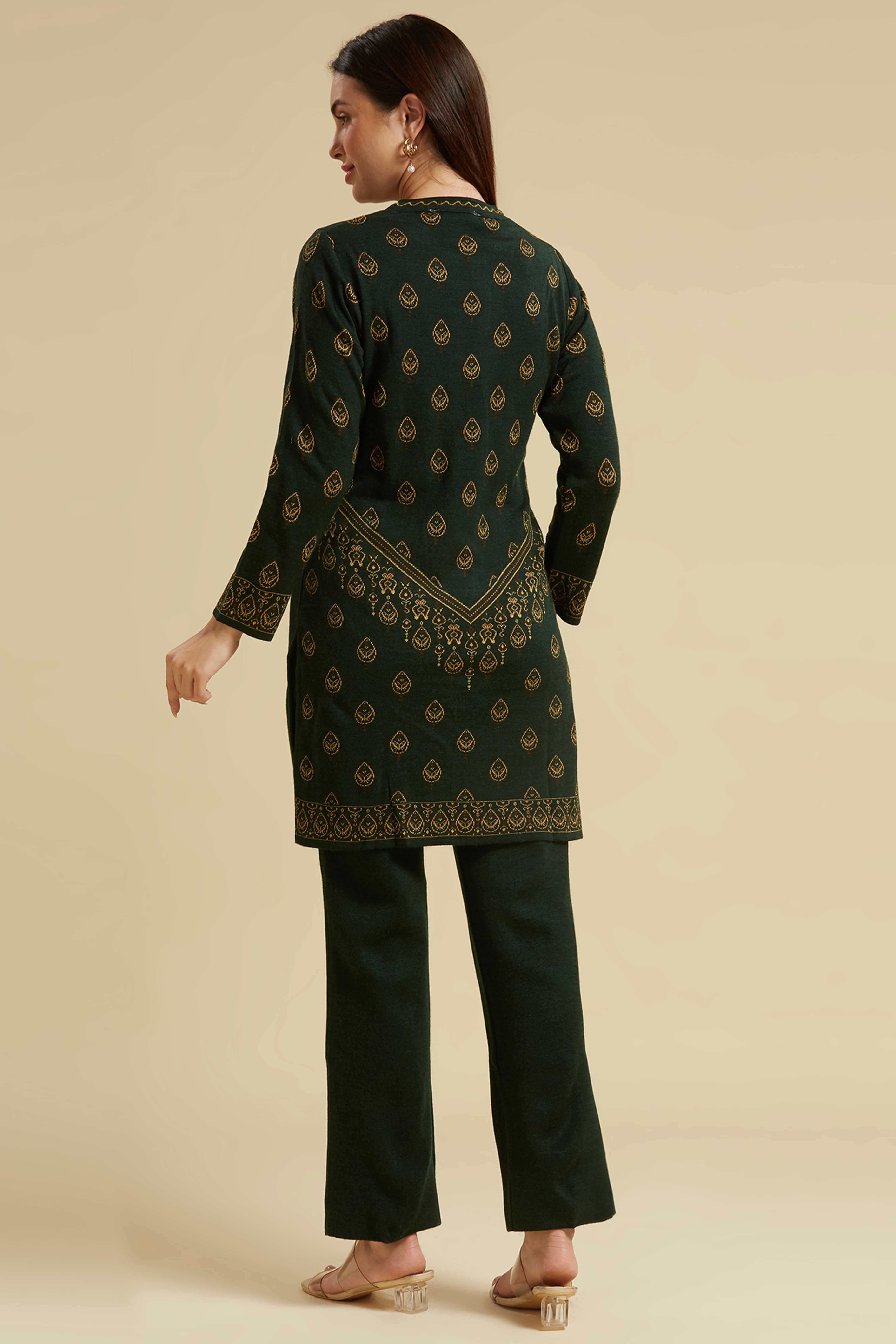 Peachmode Bottle Green Woven Woolen Straight Top Bottom Set - view 3