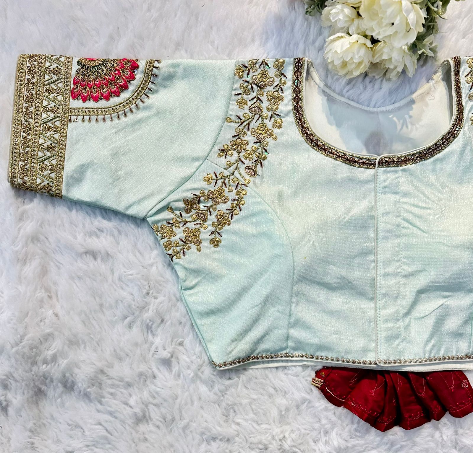 ClothsVilla Sky Blue Wedding Wear Blouse in Raspberry Silk with Exquisite Embroidery and Sequins - view 2