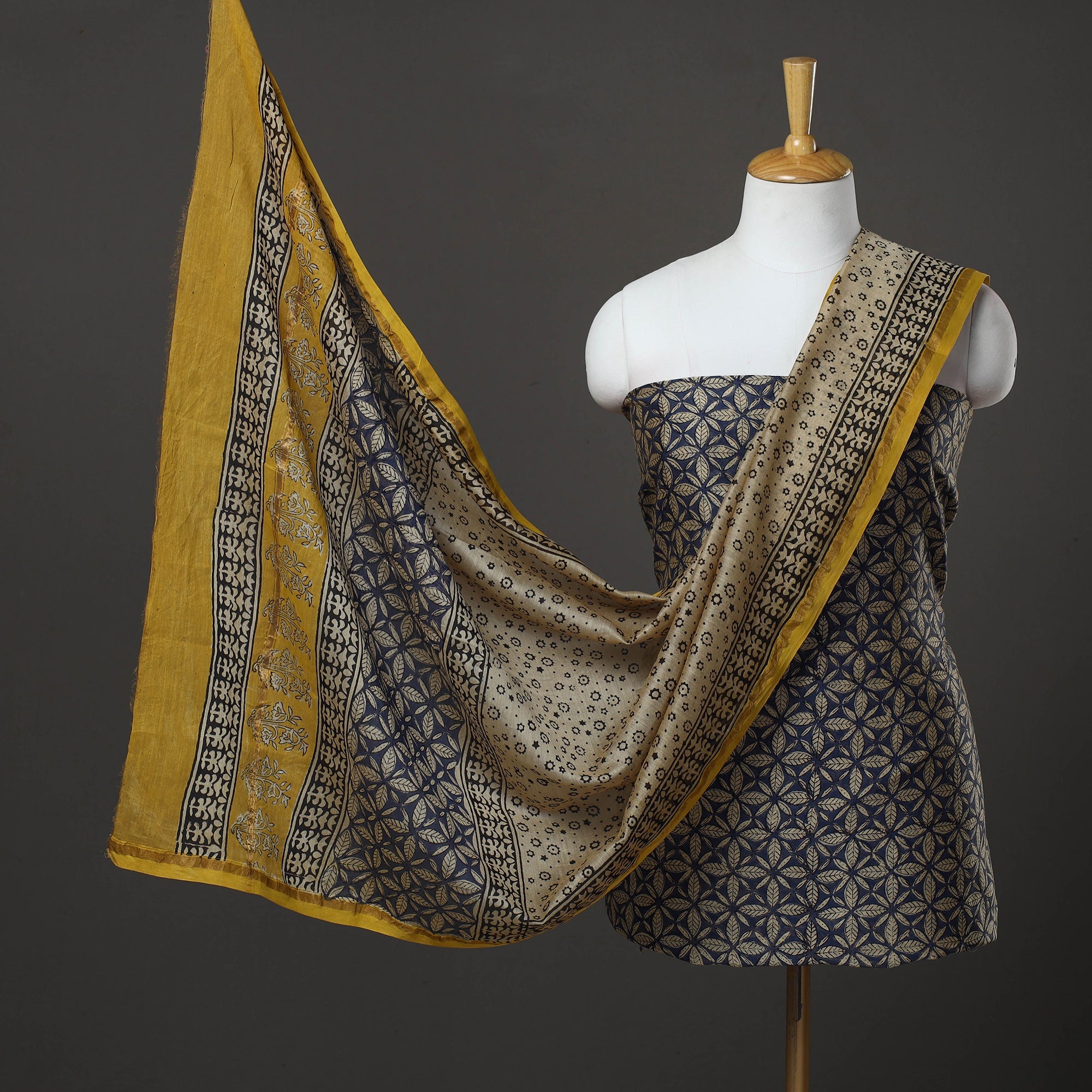 HAVELI CHRONICLES Blue - 3pc Chanderi Silk Bagru Print Dress Material 12