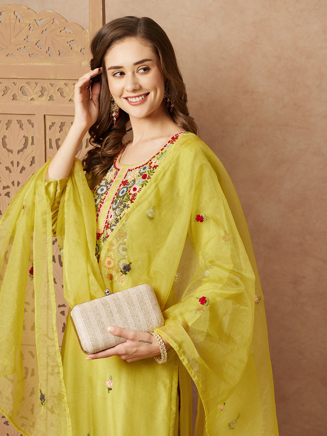 Fashor Floral Hand Embroidered Straight Fit Kurta with Pant & Dupatta - Lime Green - view 2