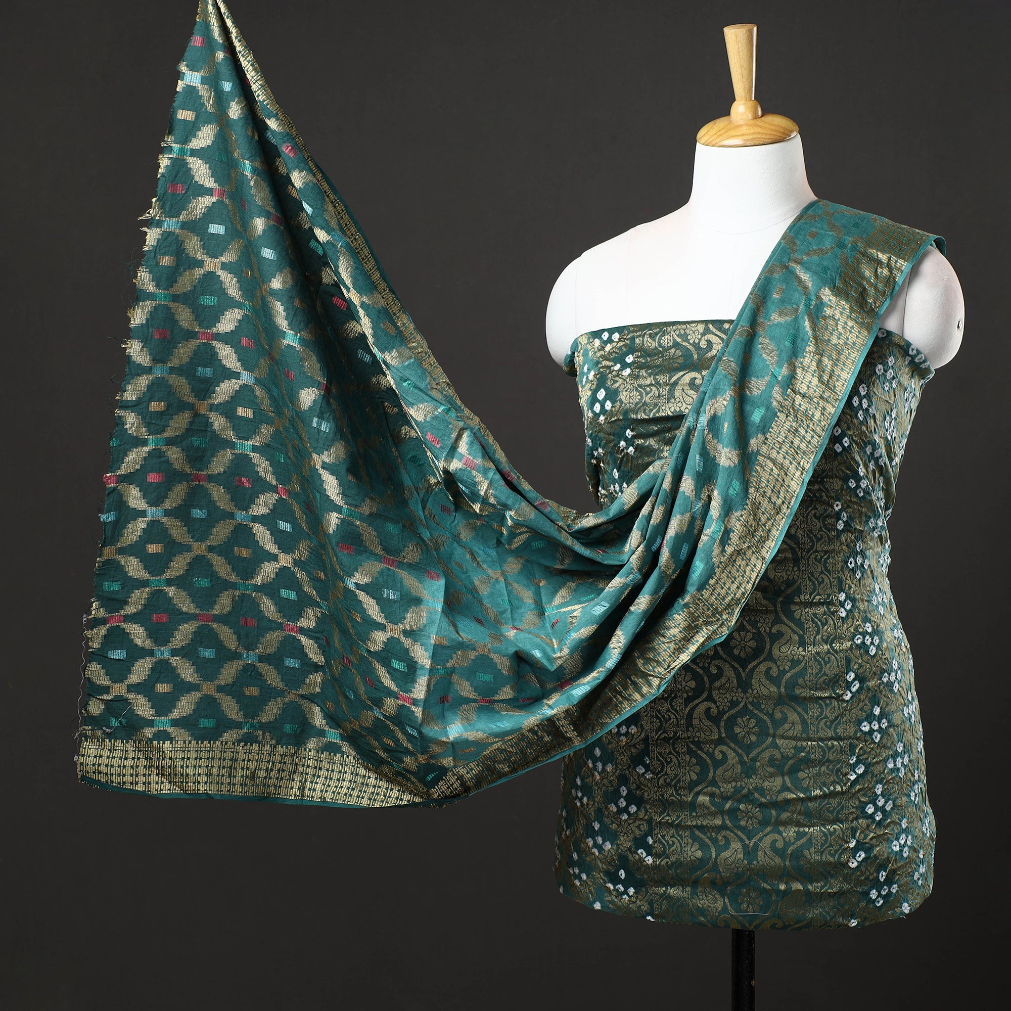 KACHCHH JI CHHAAP Green - 3pc Kutch Bandhani Tie-Dye Gadwal Satin Cotton Suit Material Set 178