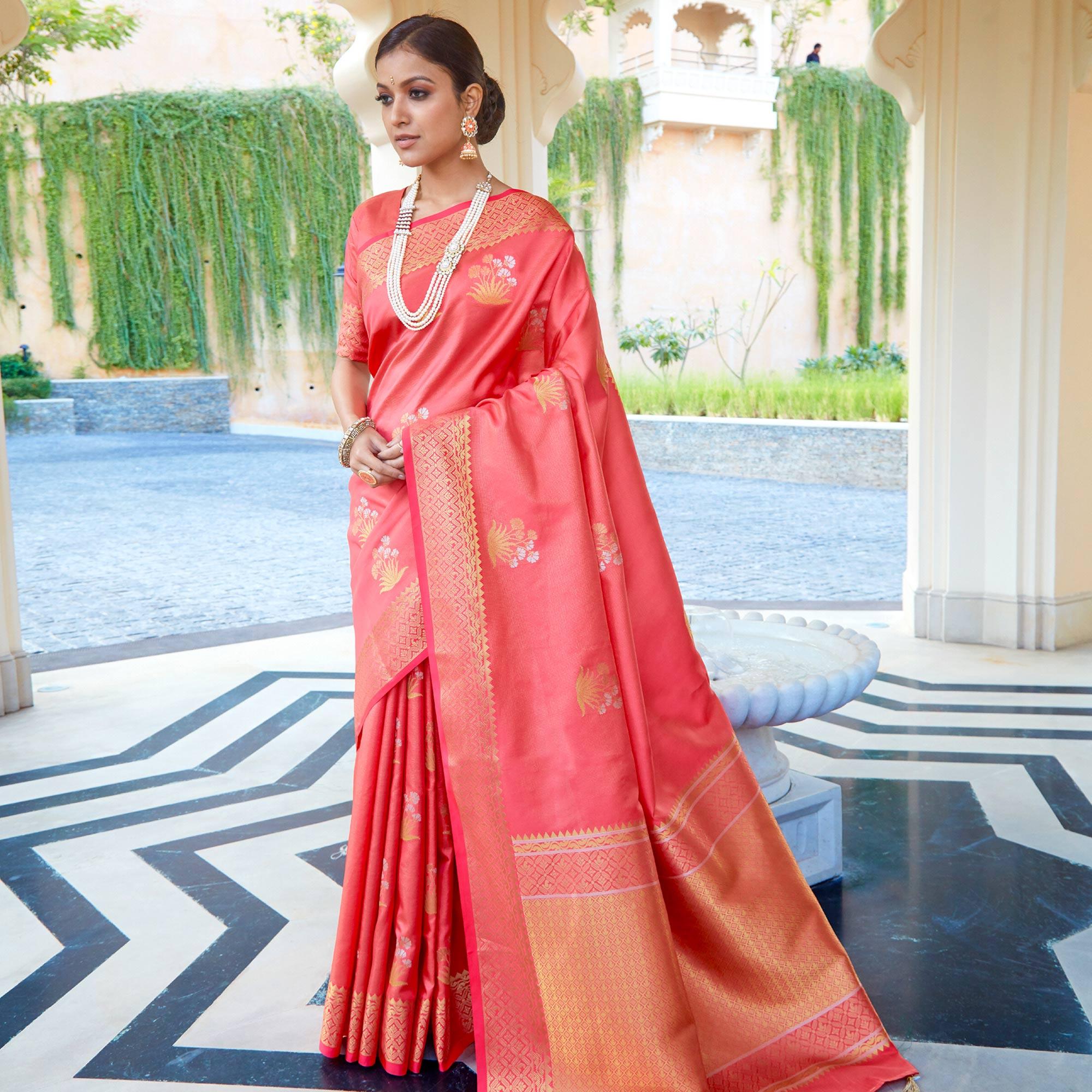 Peachmode Glorious Peach Colored Festive Wear Woven Fancy Silk Saree