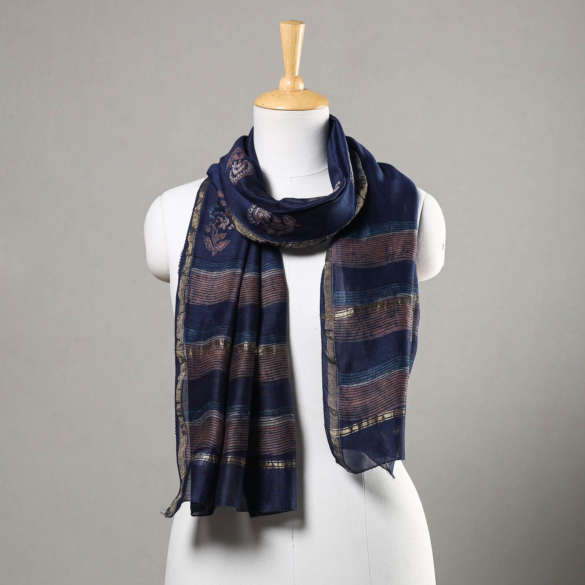 HAVELI CHRONICLES Blue - Akola Block Printed Chanderi Silk Handloom Stole with Zari Border