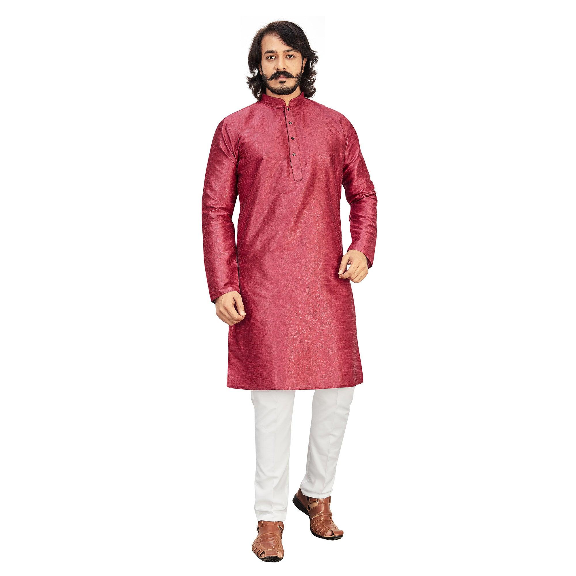 Peachmode Seller Maroon Printed Art Silk Men's Kurta Pyjama Set - view 2