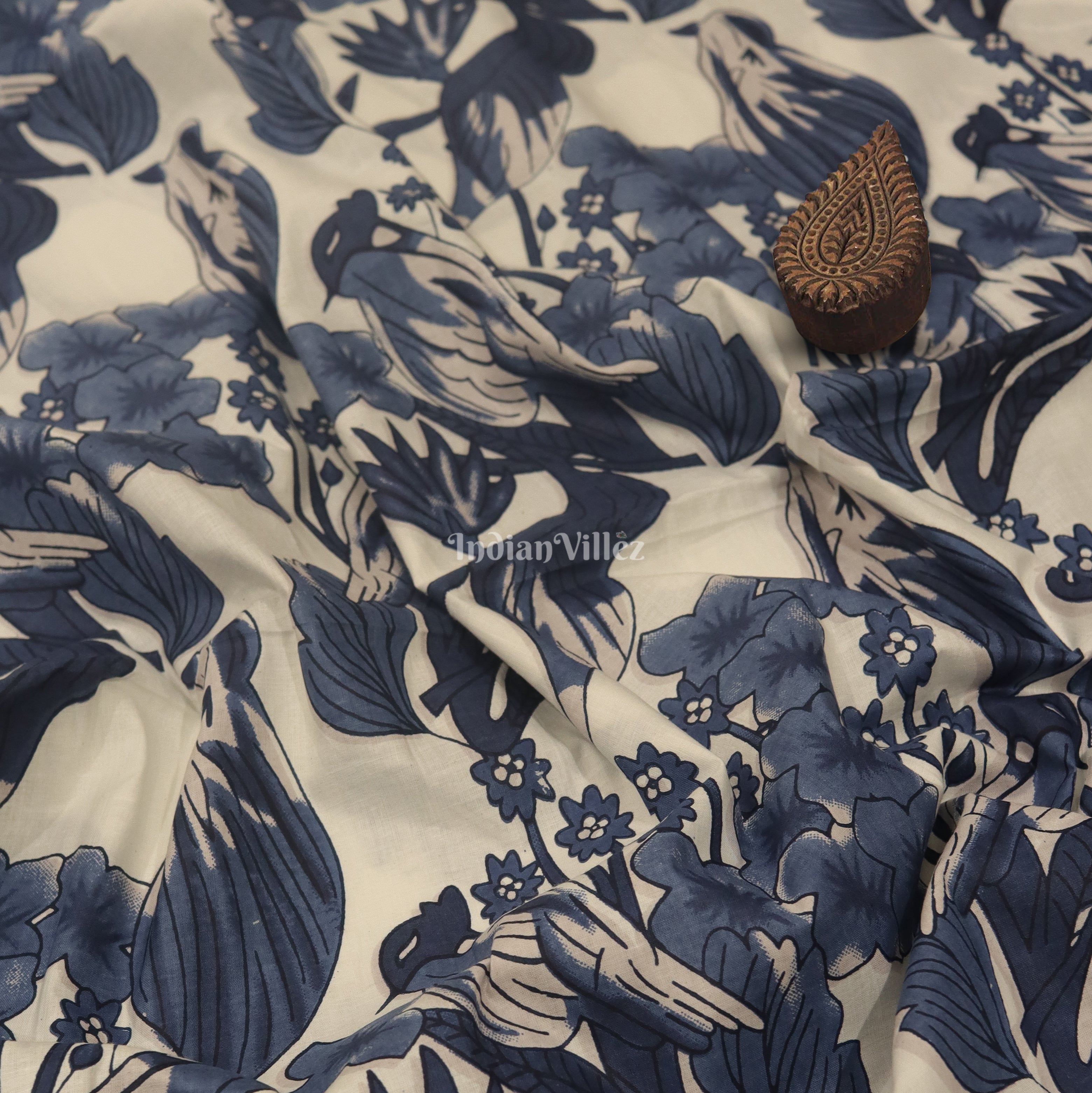IndianVillèz White Blue Bird Hand Block Printed Cotton Fabric
