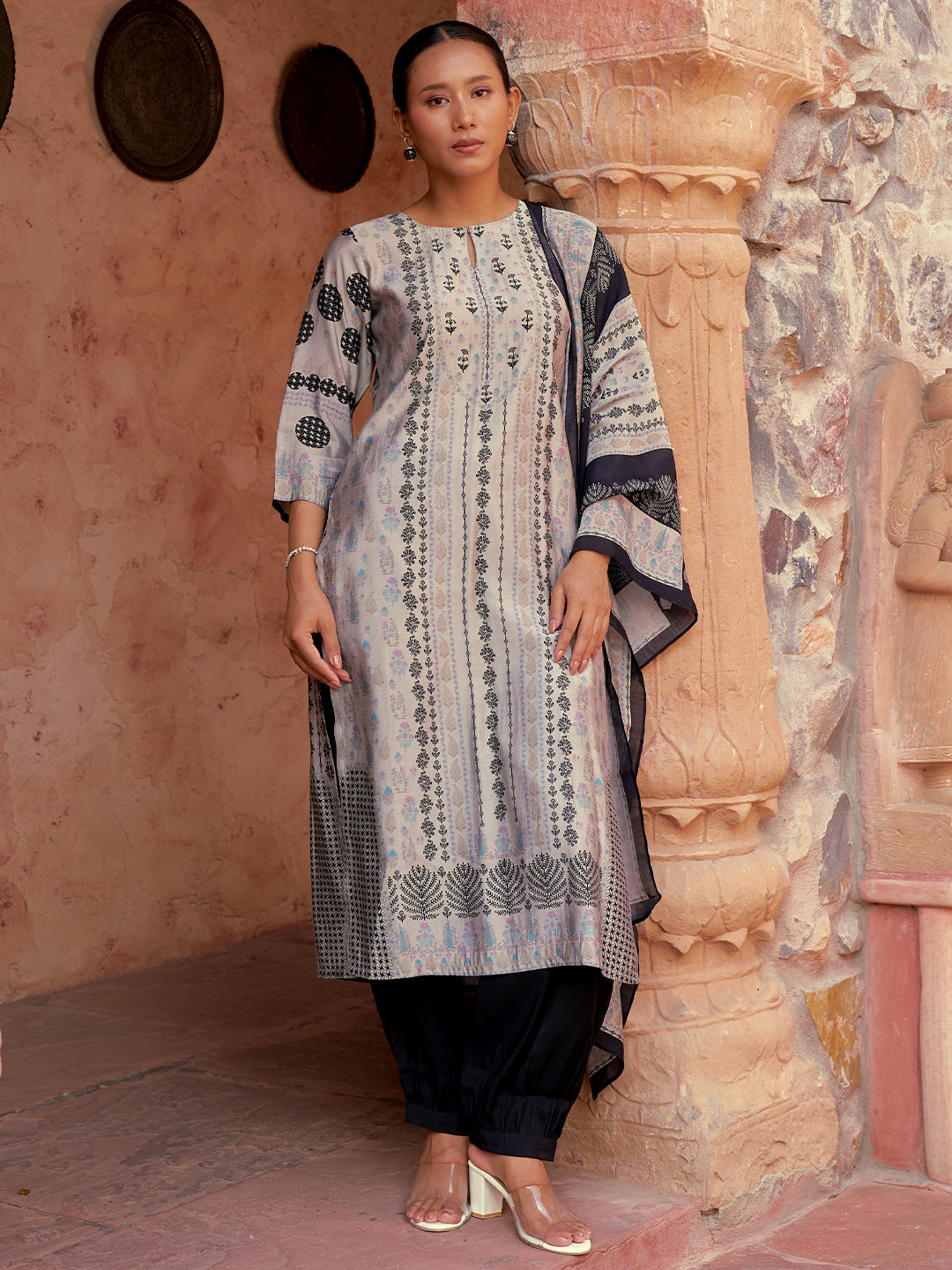 Libas Grey Printed Silk Blend Straight Suit With Dupatta