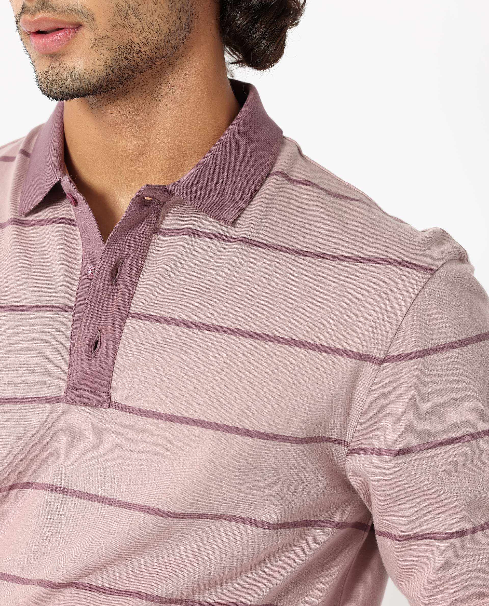 Rare Rabbit Men's Clove Dusky Pink Cotton Fabric Collared Neck Full Sleeves Striped Polo T-Shirt - view 3