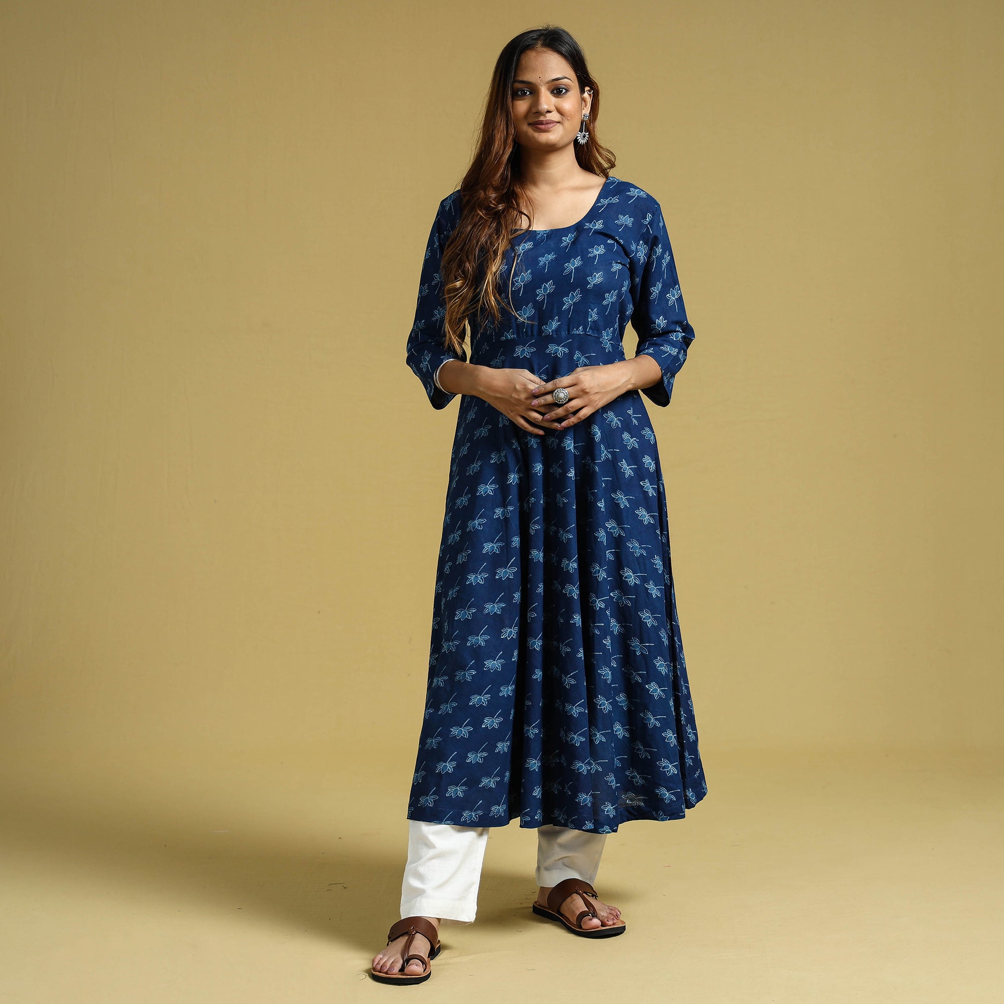 ITOKRI CASUALS Blue - Dabu Block Printed Cotton Flared Gher Dress