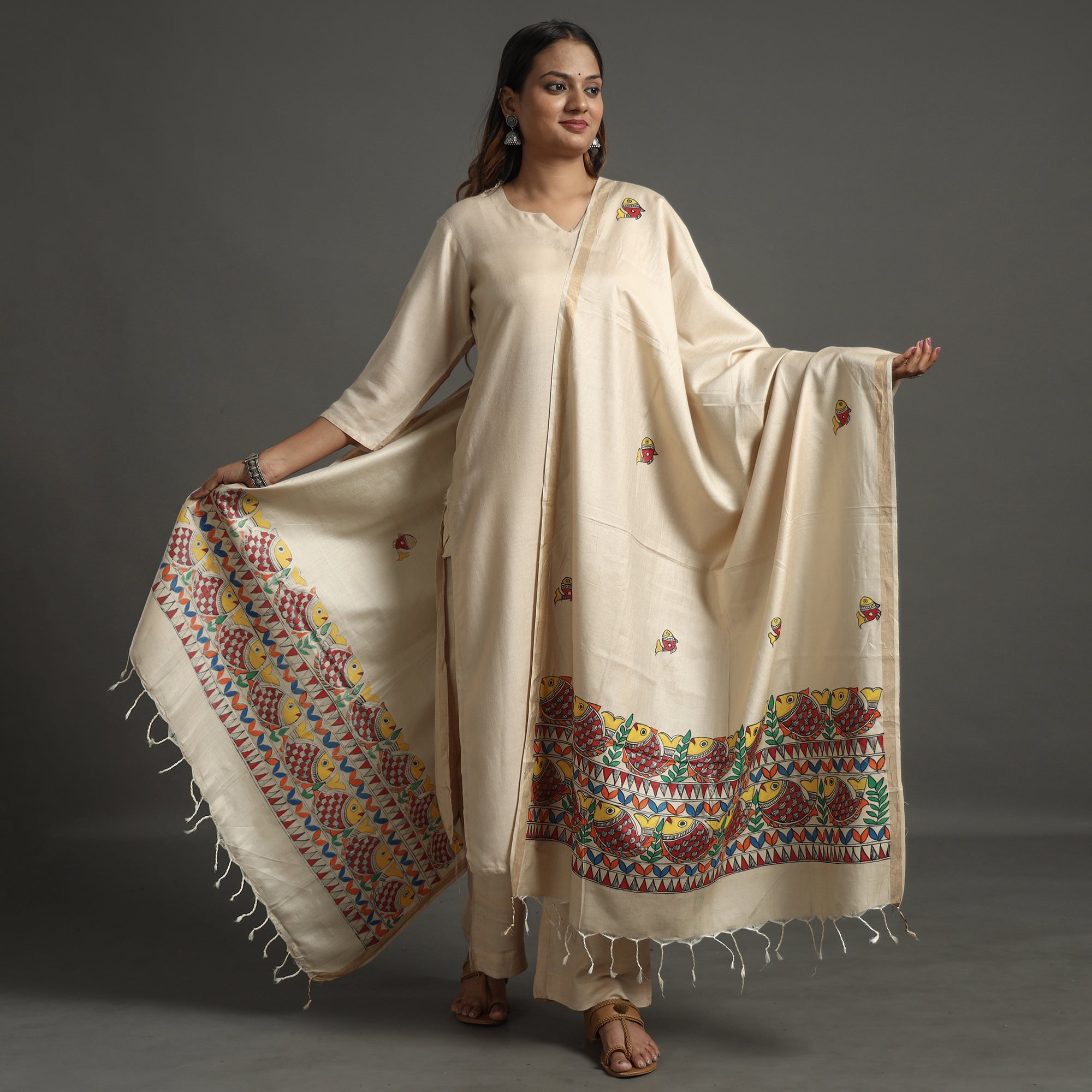 ITOKRI CRAFTS INITIATIVE Beige - Handpainted Tussar Cotton Handloom Madhubani Dupatta 06 - view 2