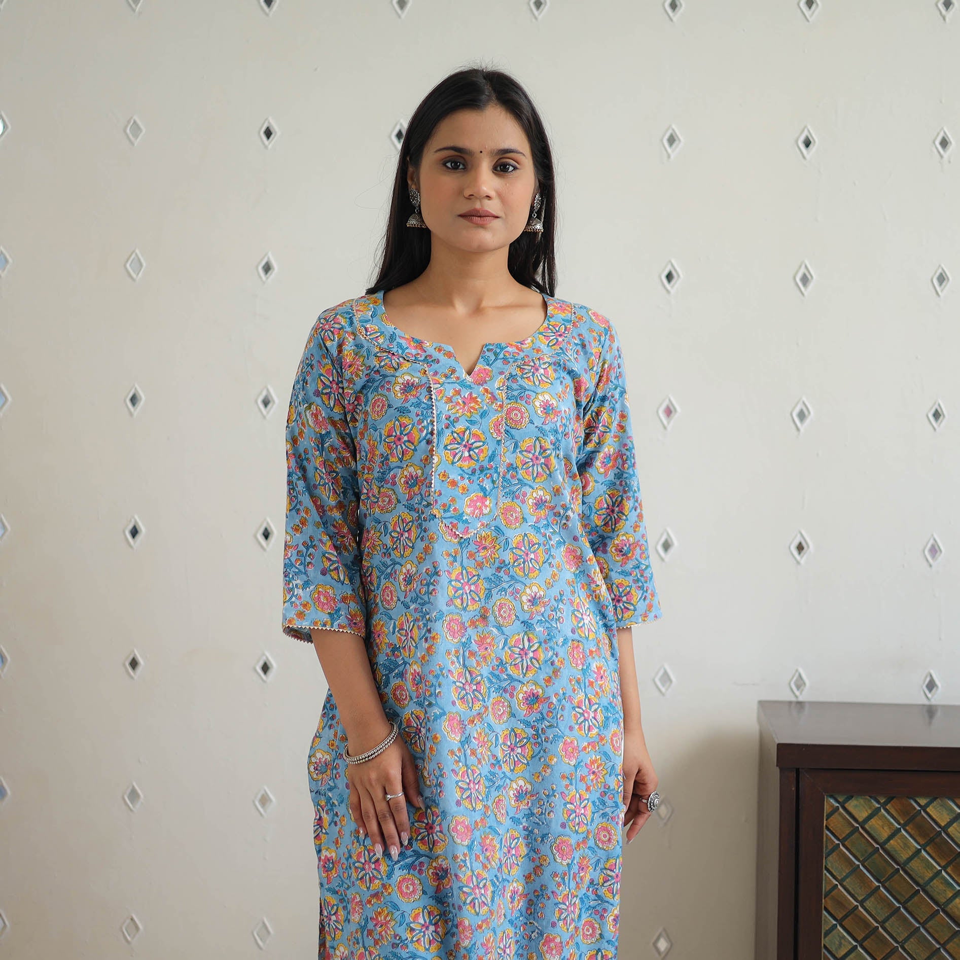 ITOKRI CASUALS Blue - Block Printed Cotton Gota Work Long Sanganeri Kurta 04