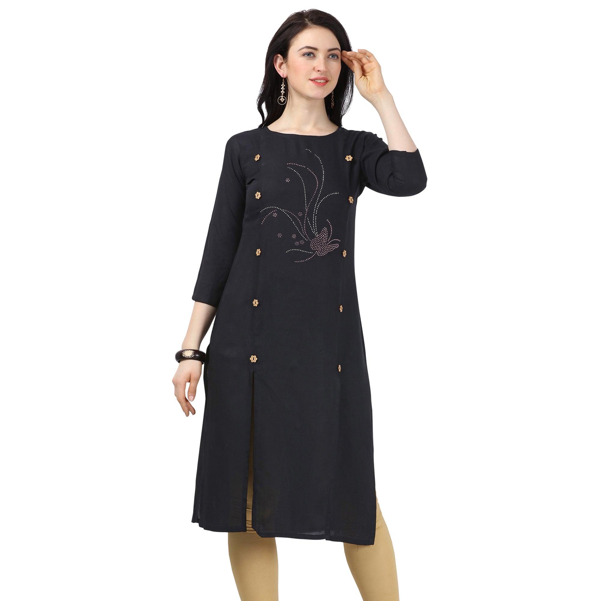 Peachmode Seller Mesmerising Black Colored Partywear Embellished Rayon Kurti