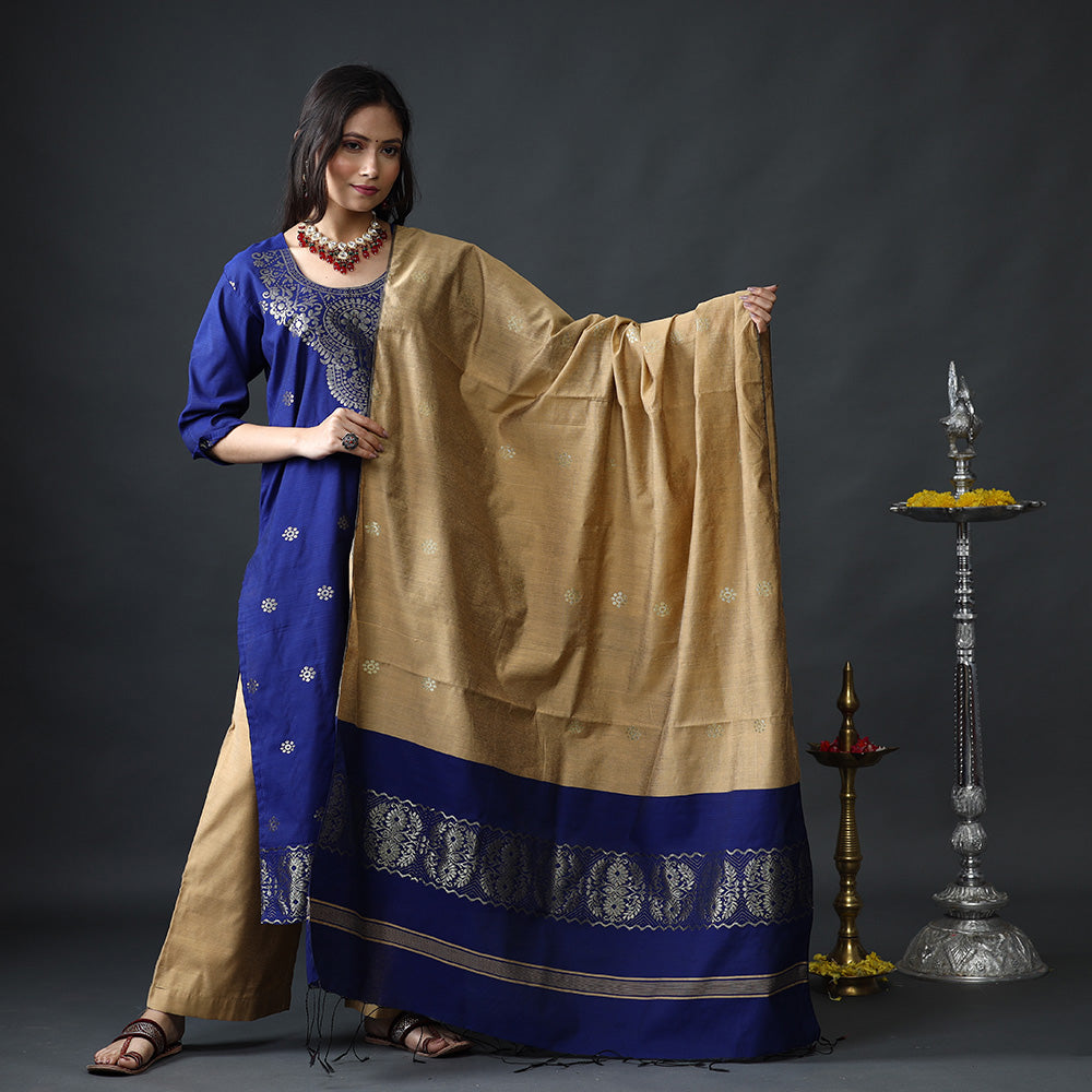 ITOKRI CASUALS Blue & Beige Phulia Jamdani Silk Kurta with Palazzo & Dupatta Set - view 2