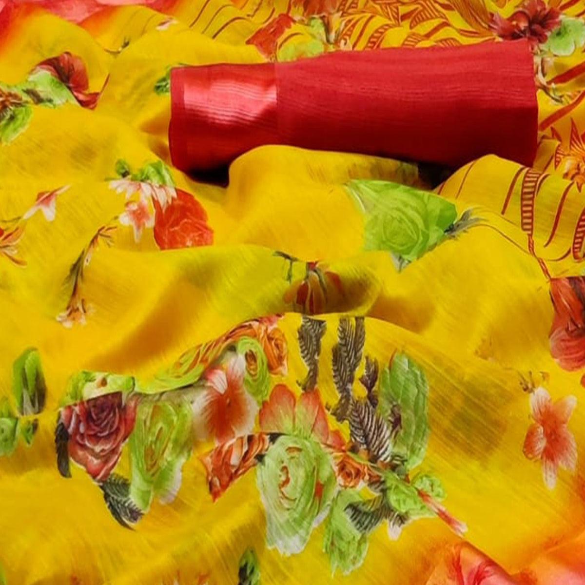 Peachmode Hypnotic Yellow Colored Casual Wear Fancy Printed Linen Saree - view 2