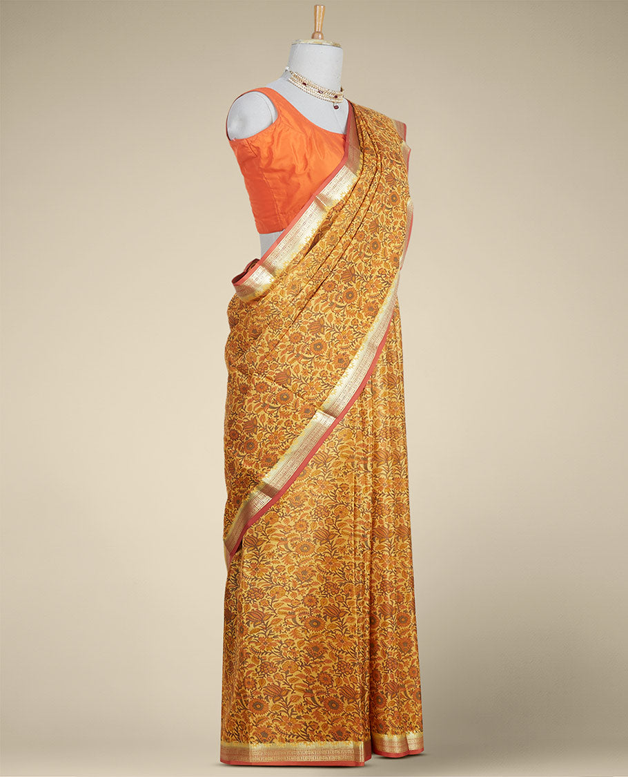 Pothys orange floral printed silk saree with contrast intricate zari design border - view 2