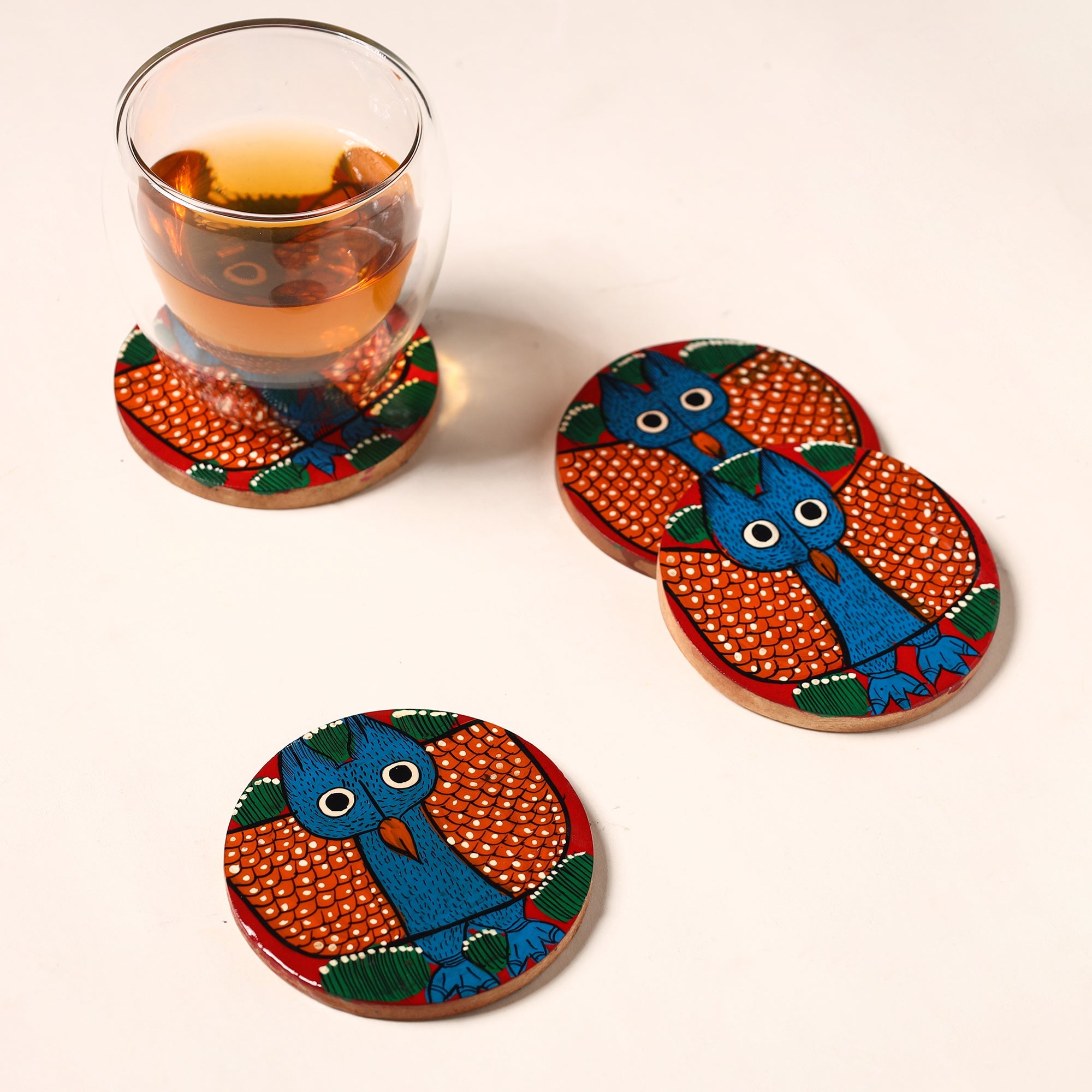 ITOKRI CRAFTS INITIATIVE Bengal Patua Handpainted Akashmoni Wooden Coasters (Set of 4) 04