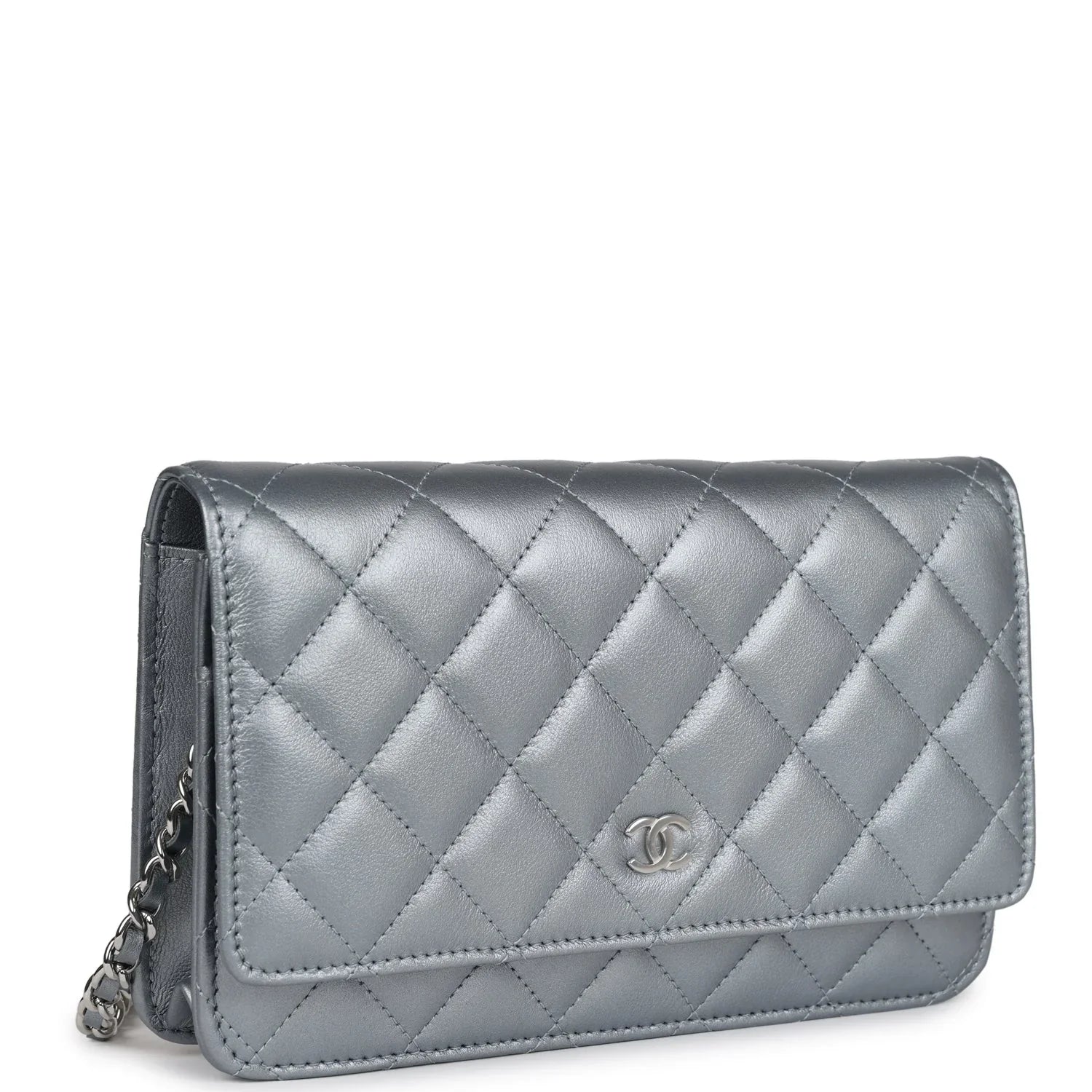 Cop Underdog Chanel Wallet On Chain WOC Silver Metallic Lambskin Silver Hardware - view 3