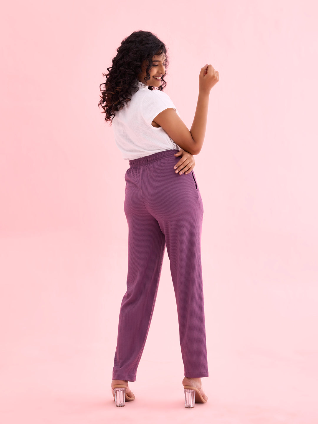 Go Colors Women Solid Purple Mid Rise Casual Rib Pants - view 3