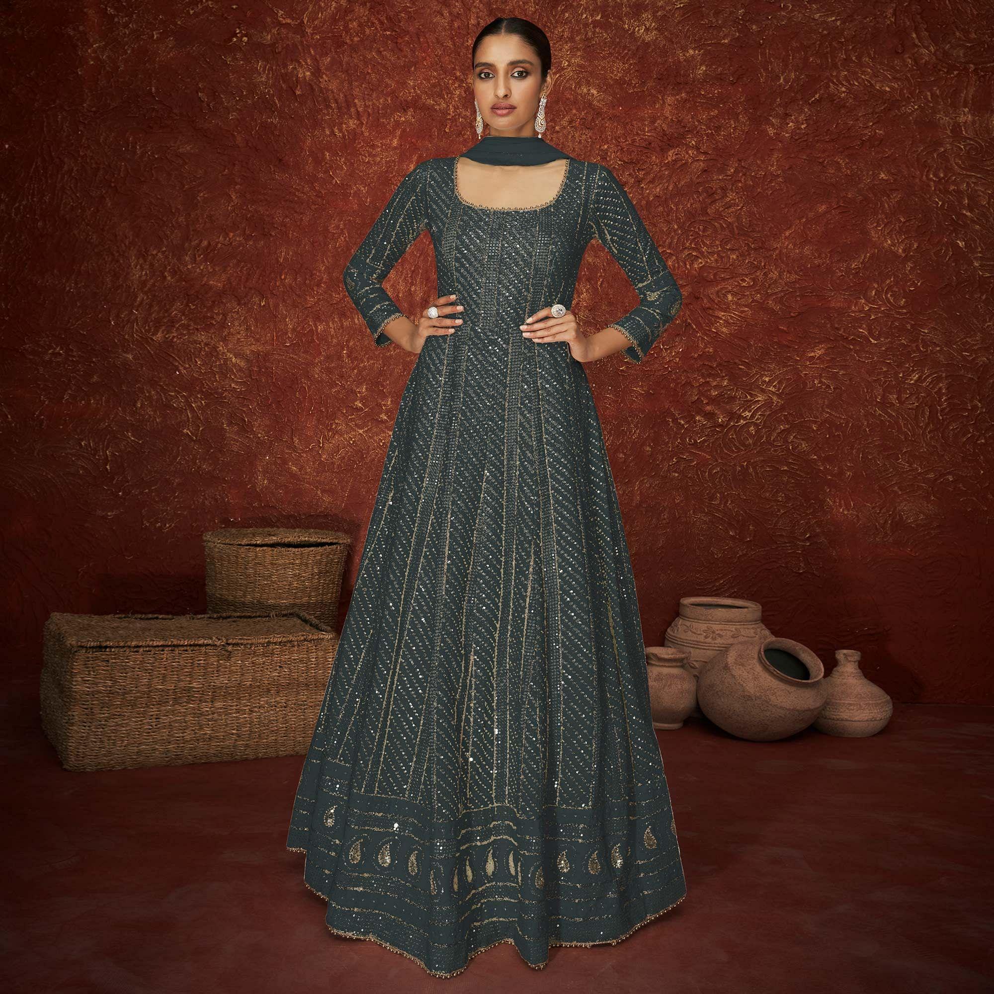 Peachmode Seller Dark Grey Partywear Sequins Embroidered Georgette Gown
